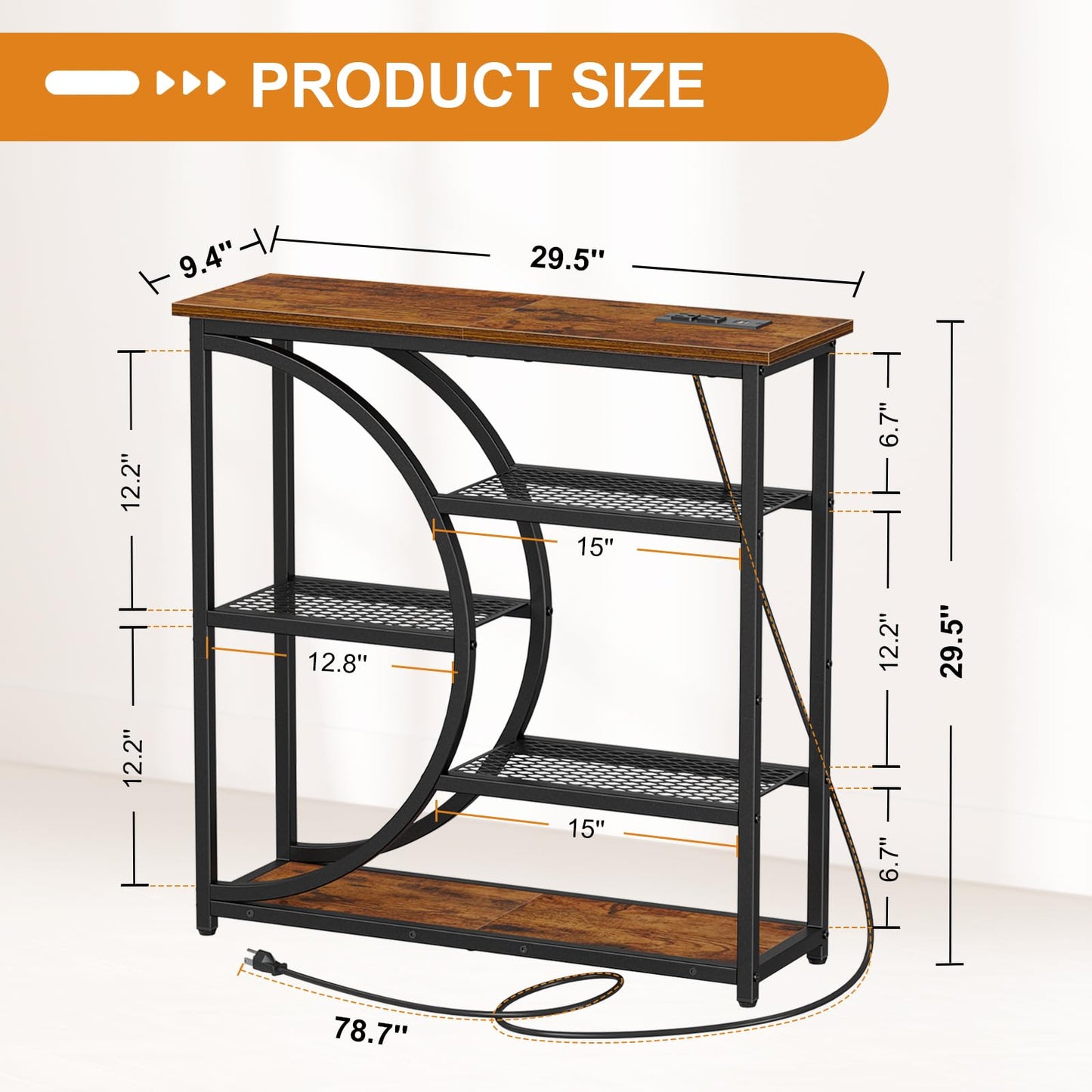 Snughome Entryway Table, Console Table with Charging Station, Industrial Narrow Sofa Table with 5 Tier Storage Shelves, Entrance Table for Hallway, Behind The Couch, Living Room, Foyer