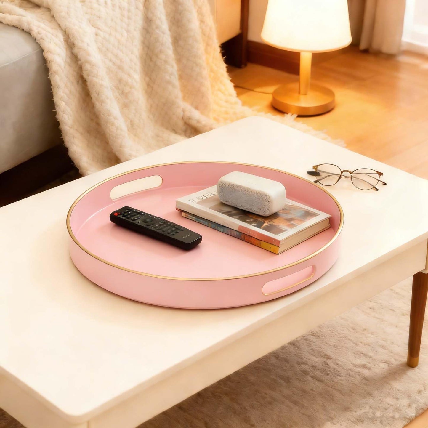 Fuukou Pink Decorative Tray,Elegant Round Plastic Serving Tray with Handles,Round Ottoman Trays Coffee Table Trays for Living Room,Home Decor 13"