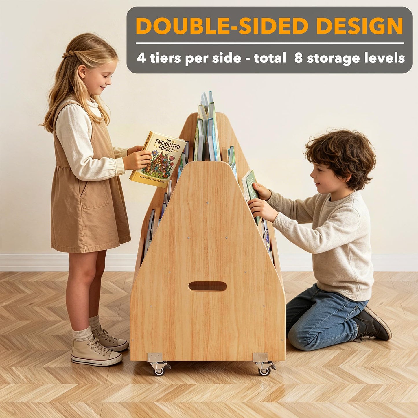 SpaceAid Double-Sided Mobile Bookshelf, Montessori Bookcase for Toddlers, Wooden Book Storage Organizer Shelf Furniture for Kids Rooms, Playroom, Nursery and Classroom, 29.5“ Wide 4-Tier, Natural