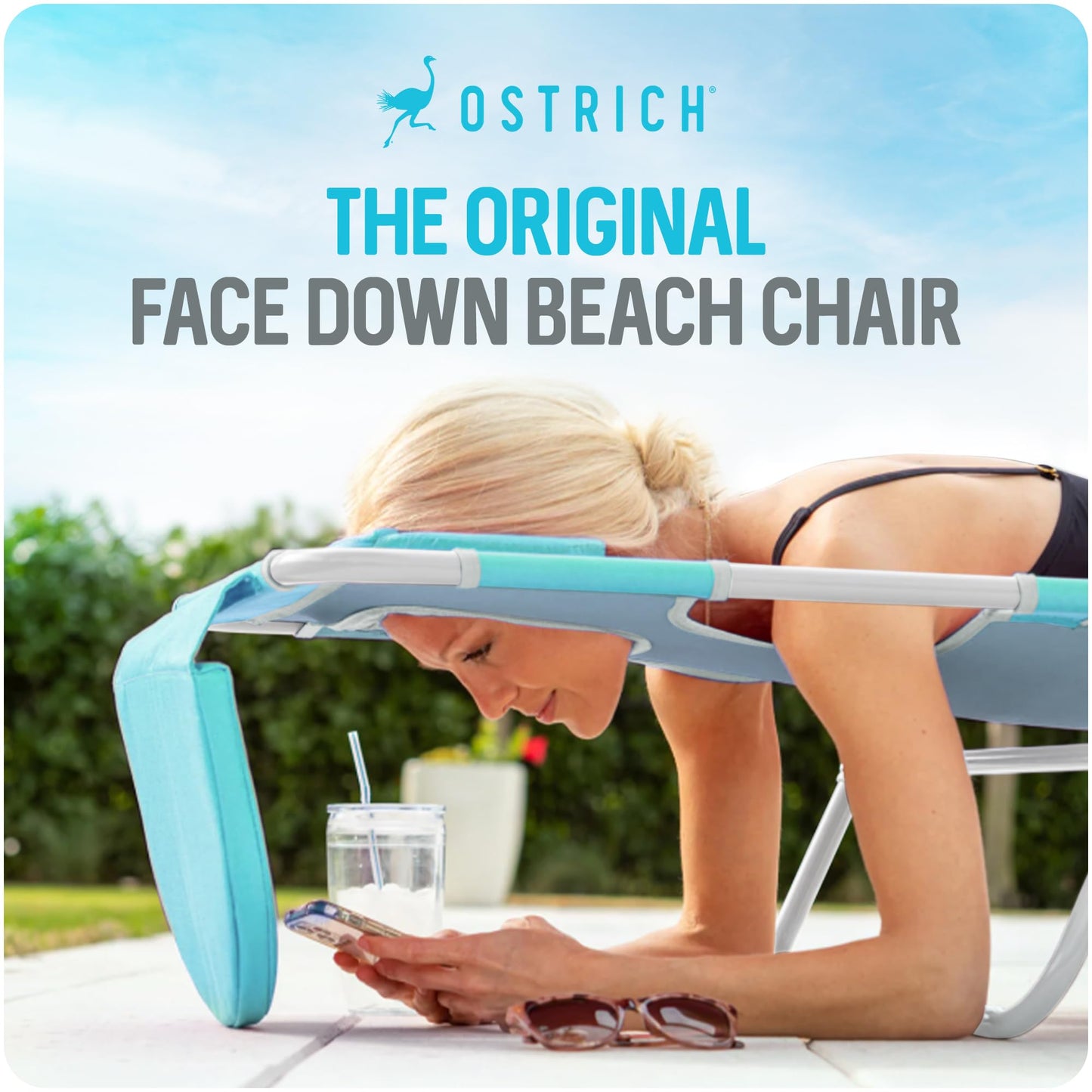 Ostrich the Original Chaise 72 x 22 Inch Lounge Portable Reclining Lounger, Outdoor Patio, Beach, Lawn, Camping, or Pool Tanning Chair, Aqua