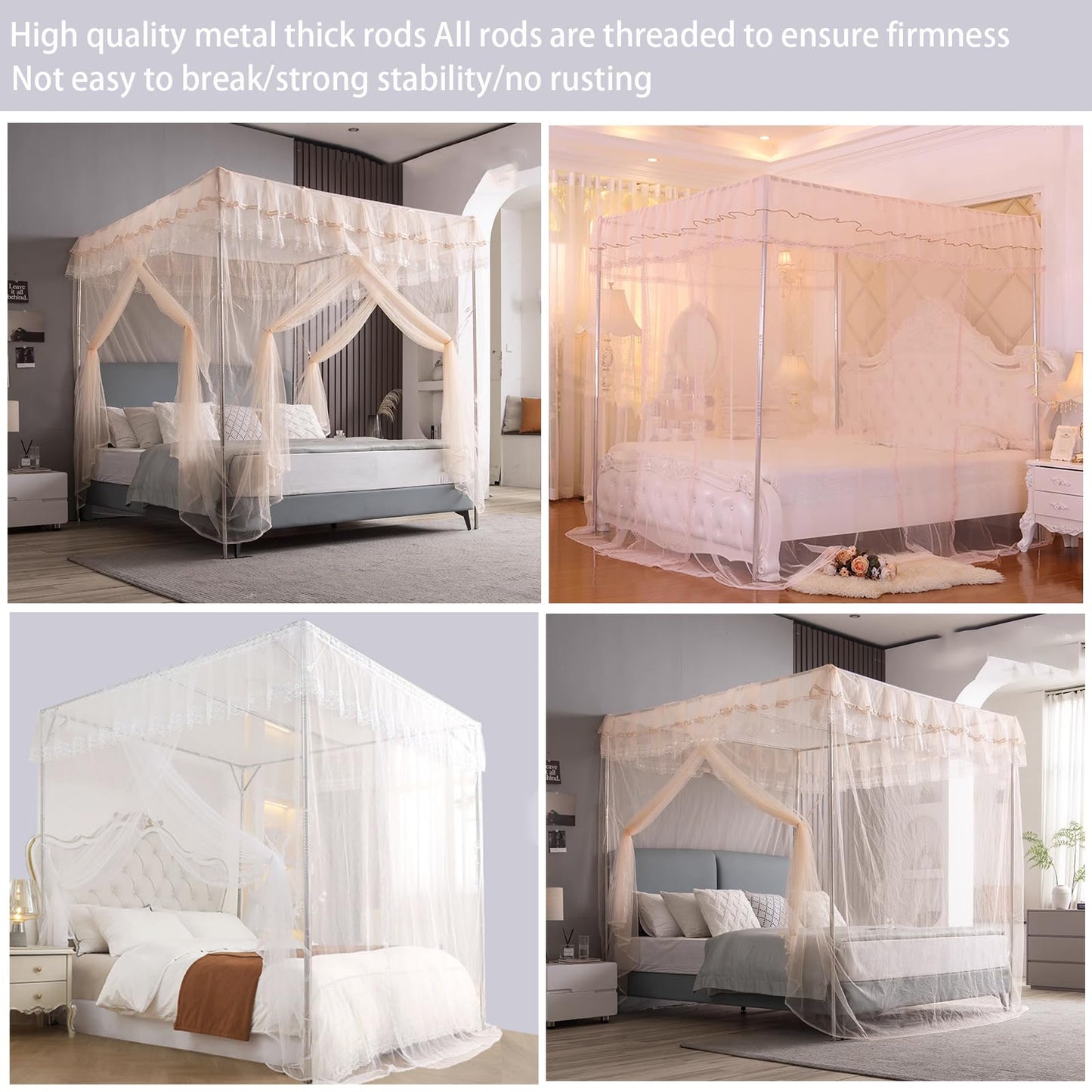 VELSKUD Canopy Bed Frame, Stainless Steel Bed Canopy with 4 Corner Canopy Poles