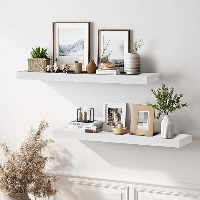 36x8x1.6 inch Floating Shelves Set of 2 – Solid Wood Rustic White Wall Mounted