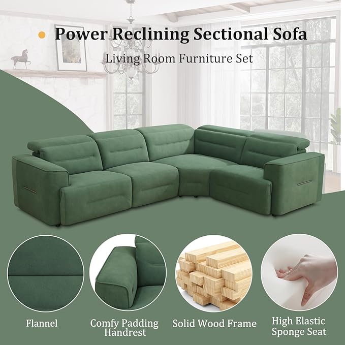 Power Recliner Sectional Sofa, L-Shaped Living Room Furniture Set, Reclining