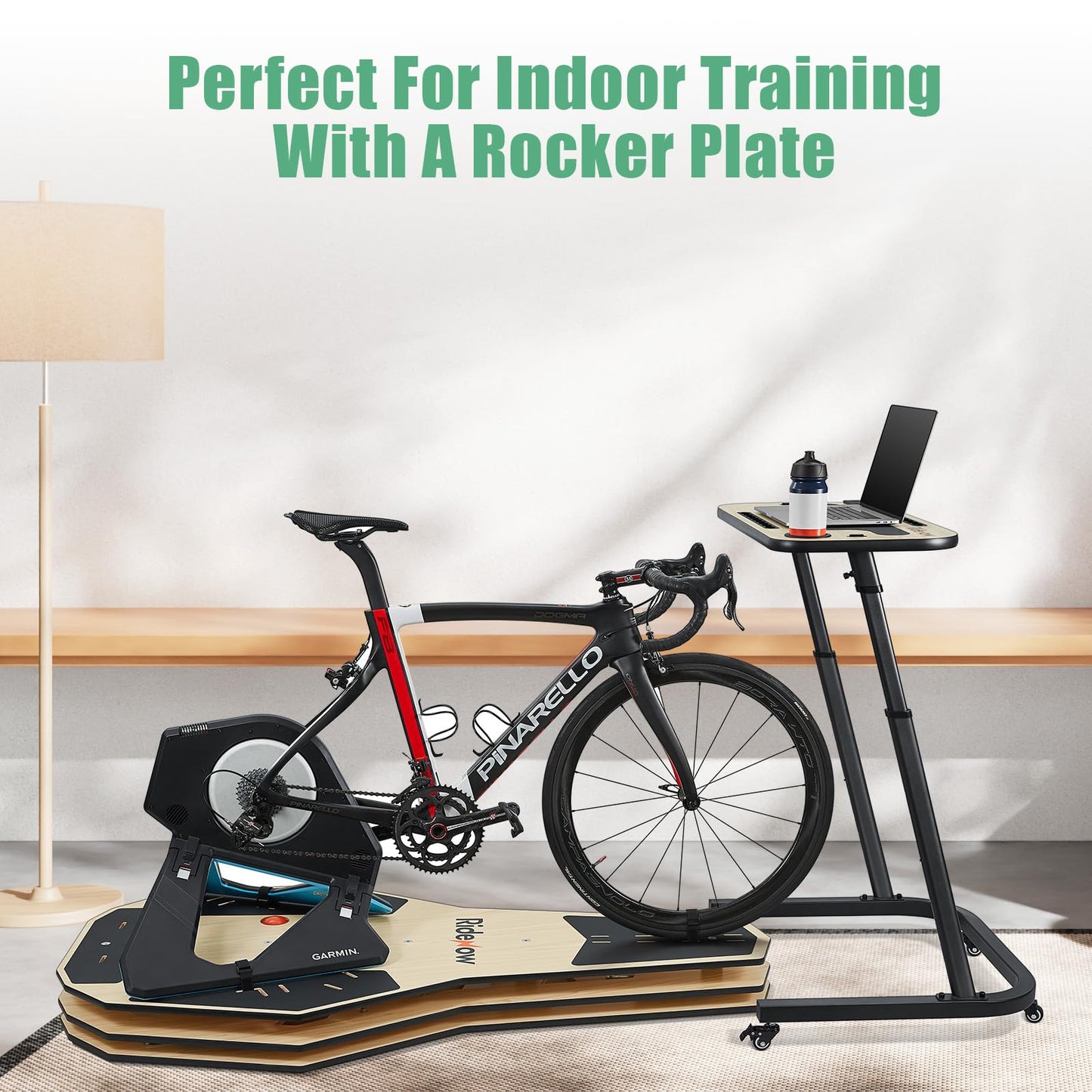 RideNow Roller Trainer Table, Adjustable Bike and Treadmill Table with Lockable Wheels, Non-Slip Work Surface with Power Outlets, Tablet or Phone Slot, Drink Holder