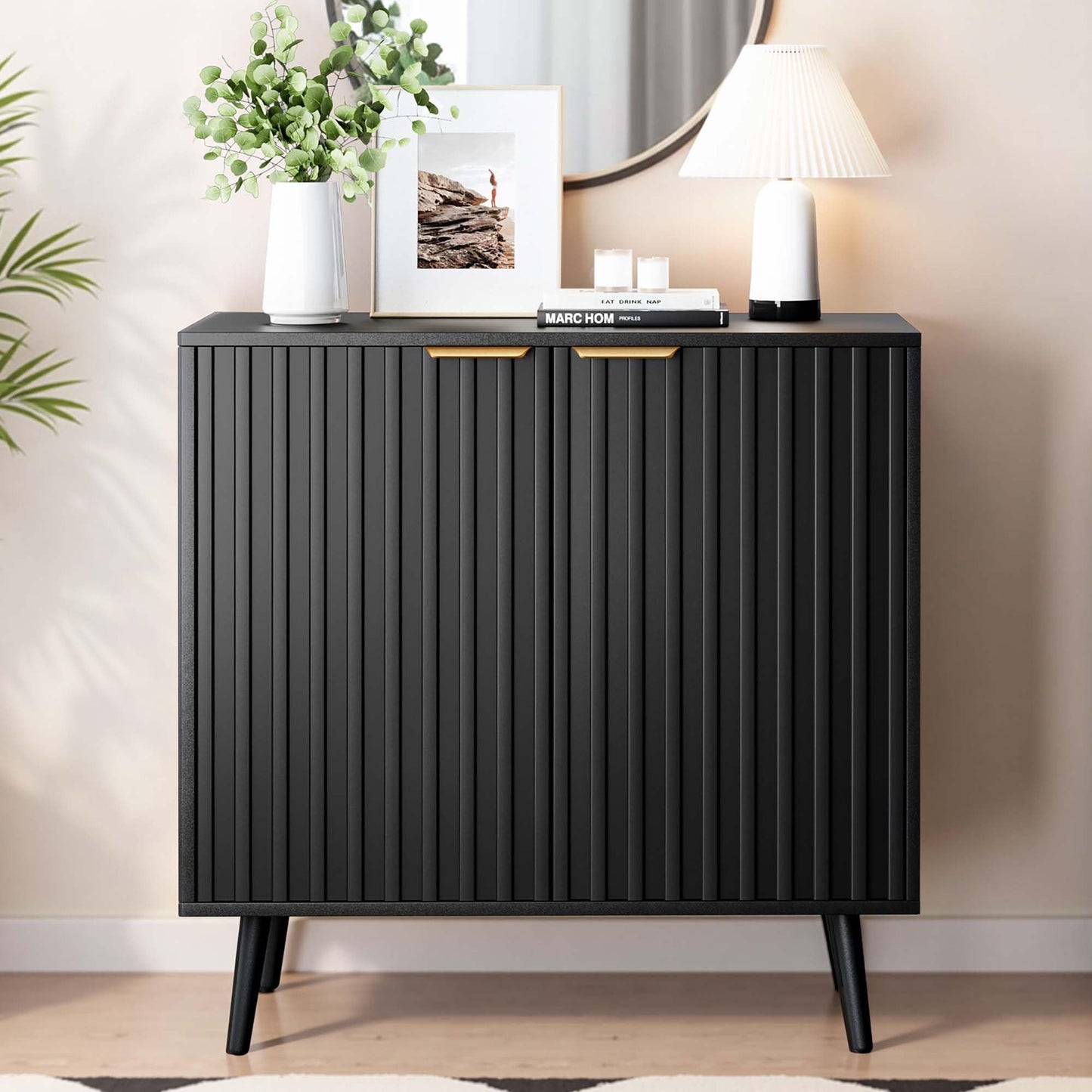 REHOOPEX Fluted Buffet Cabinet Sideboard, Storage Cabinet, Modern Accent Cabinet Console Table for Entryway, Living Room, Black