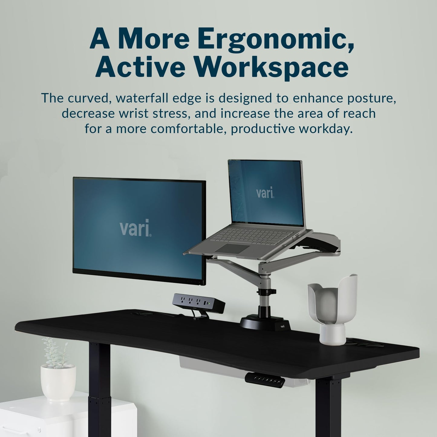 Vari Ergo 54x26 Electric Standing Desk + Height Adjustable Sit-Stand Desk + Curved Waterfall Edge, 4 Memory Settings, Quick Assembly, Cable Management, 200 lb Capacity – Black/Black Legs(2 Boxes)