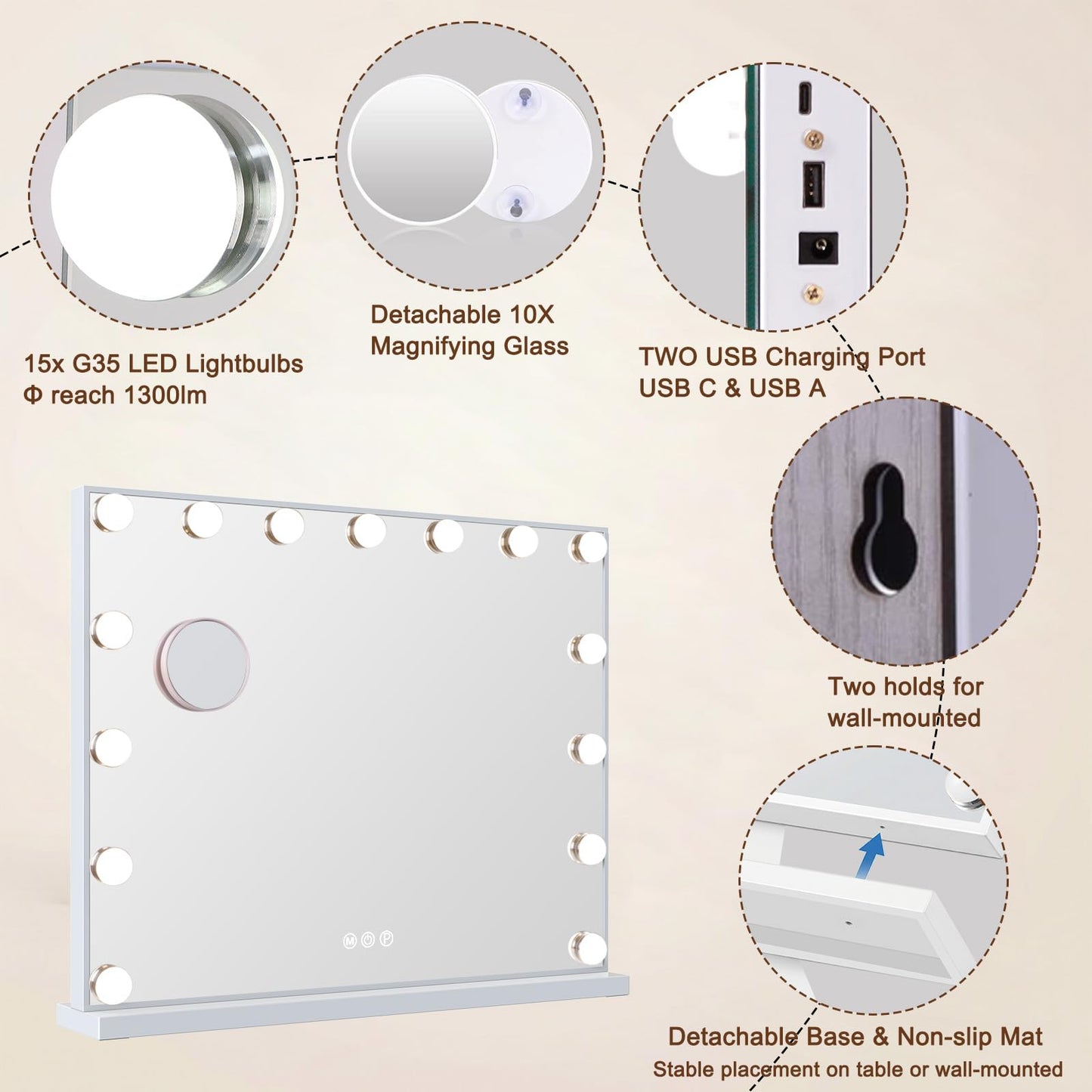 FENCHILIN Vanity Mirror with Lights, Hollywood Lighted Makeup Mirror with 15 Dimmable LED Bulbs for Dressing Room & Bedroom, Slim Metal Frame Design, Tabletop White