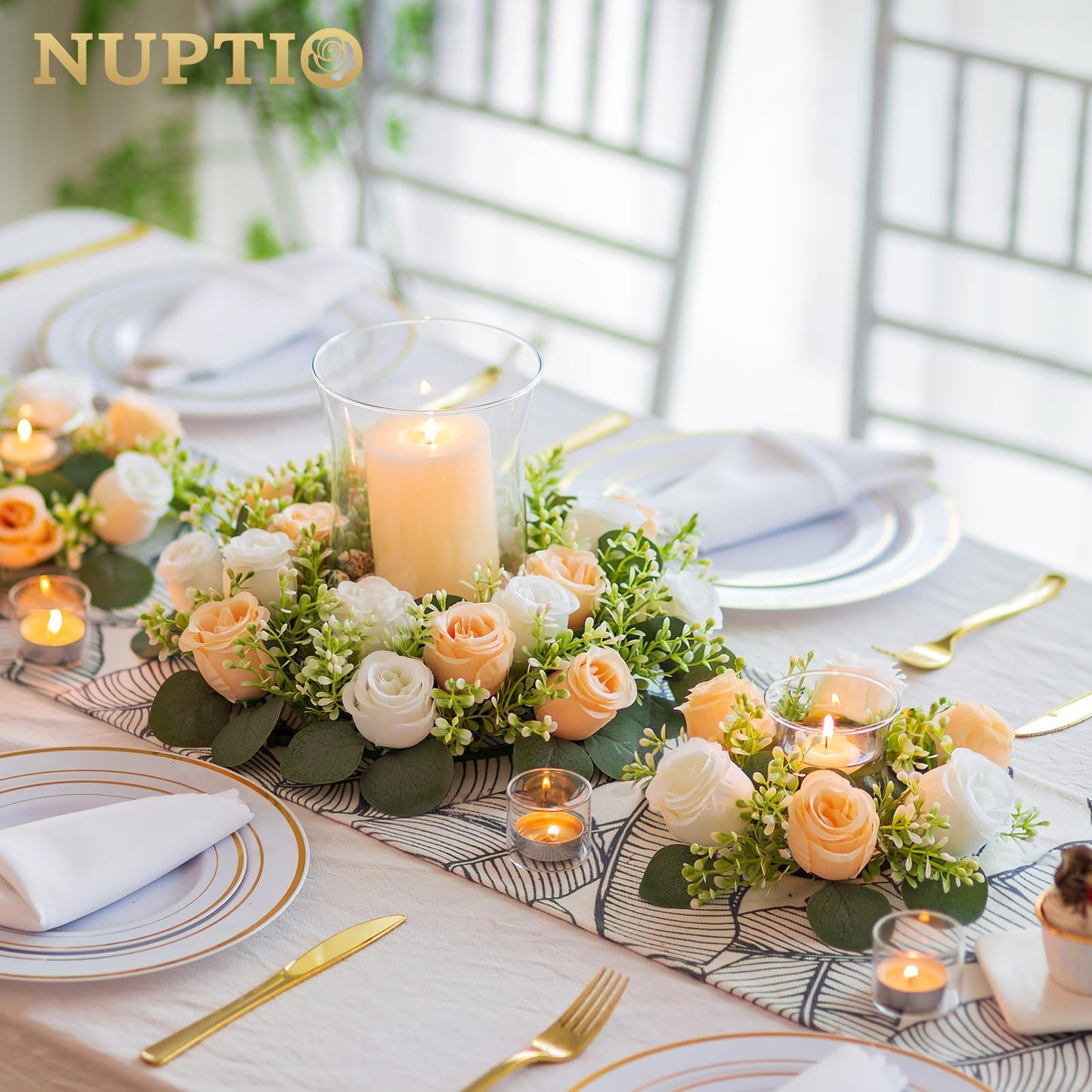NUPTIO Small Flower Rings for Centerpieces: 9.05 Inch Champagne & White Candle Wreath for Wedding Party Christmas Table Decorations - Spring Summer Front Door Porch Decor 2 Pcs