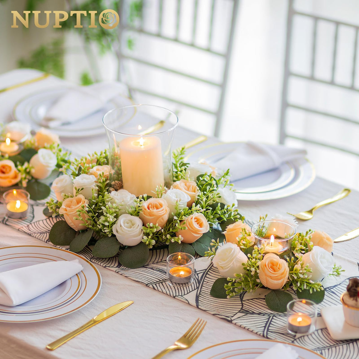 NUPTIO Small Flower Rings for Centerpieces: 9.05 Inch Champagne & White Candle Wreath 10 Pcs for Wedding Party Christmas Table Decorations - Spring Summer Front Door Porch Decor
