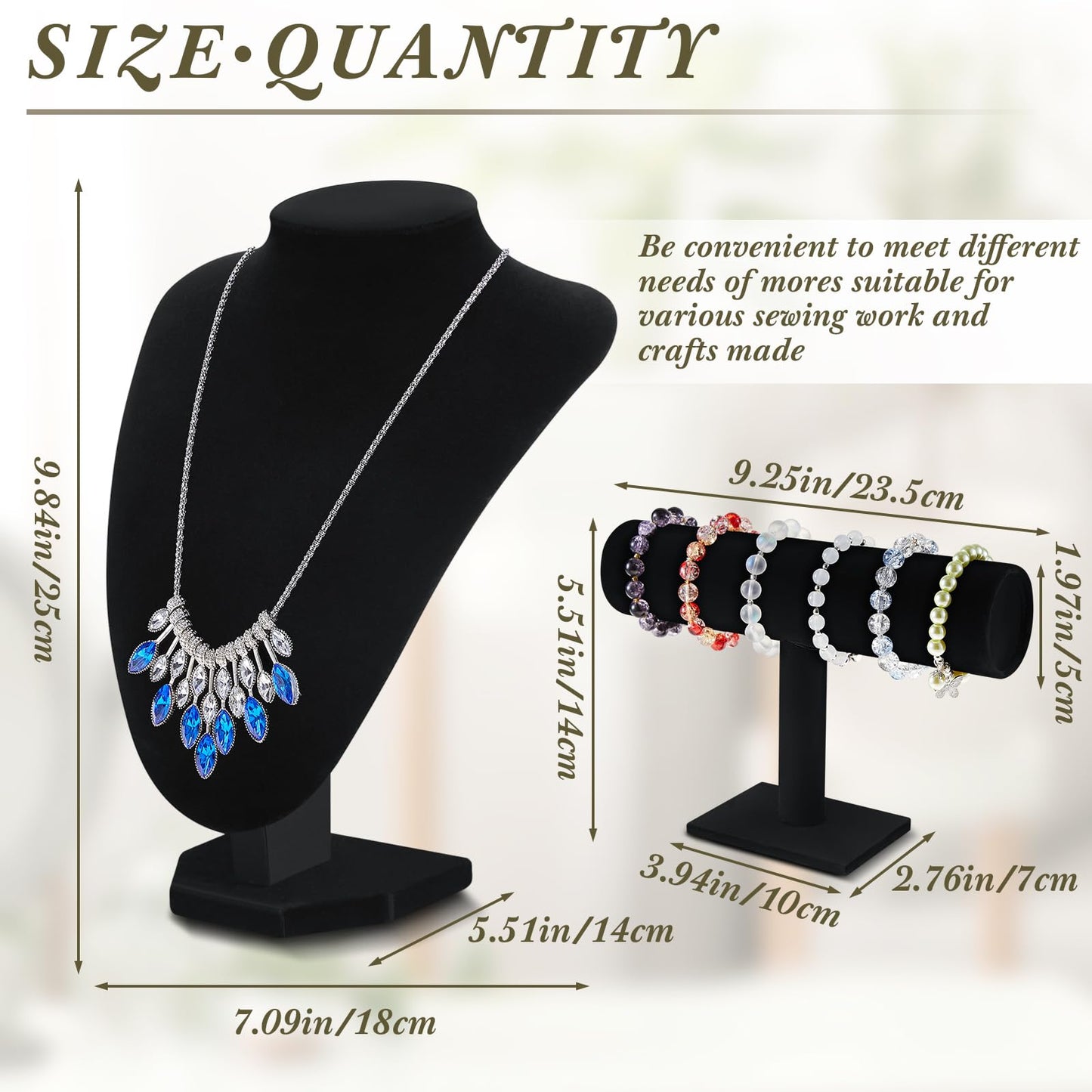 Huquary 6 Pcs Velvet Jewelry Display Set Necklace Display Stand T Bar Bracelet Holder Jewelry Bust for Home Store Trade Show (Black)