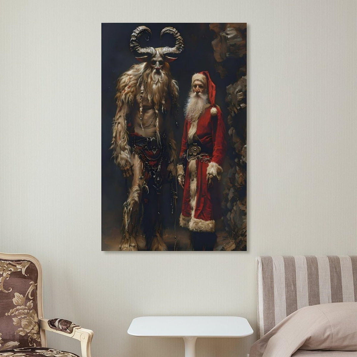 Saint Nicholas And Krampus Alpine Folklore Canvas Printing Wall Art Prints Festive Posters Scandinavian Rustic Style Christmas Yule Theme Wall Decor Living Room Bedroom Office Gift 12x18inch(30x45cm)