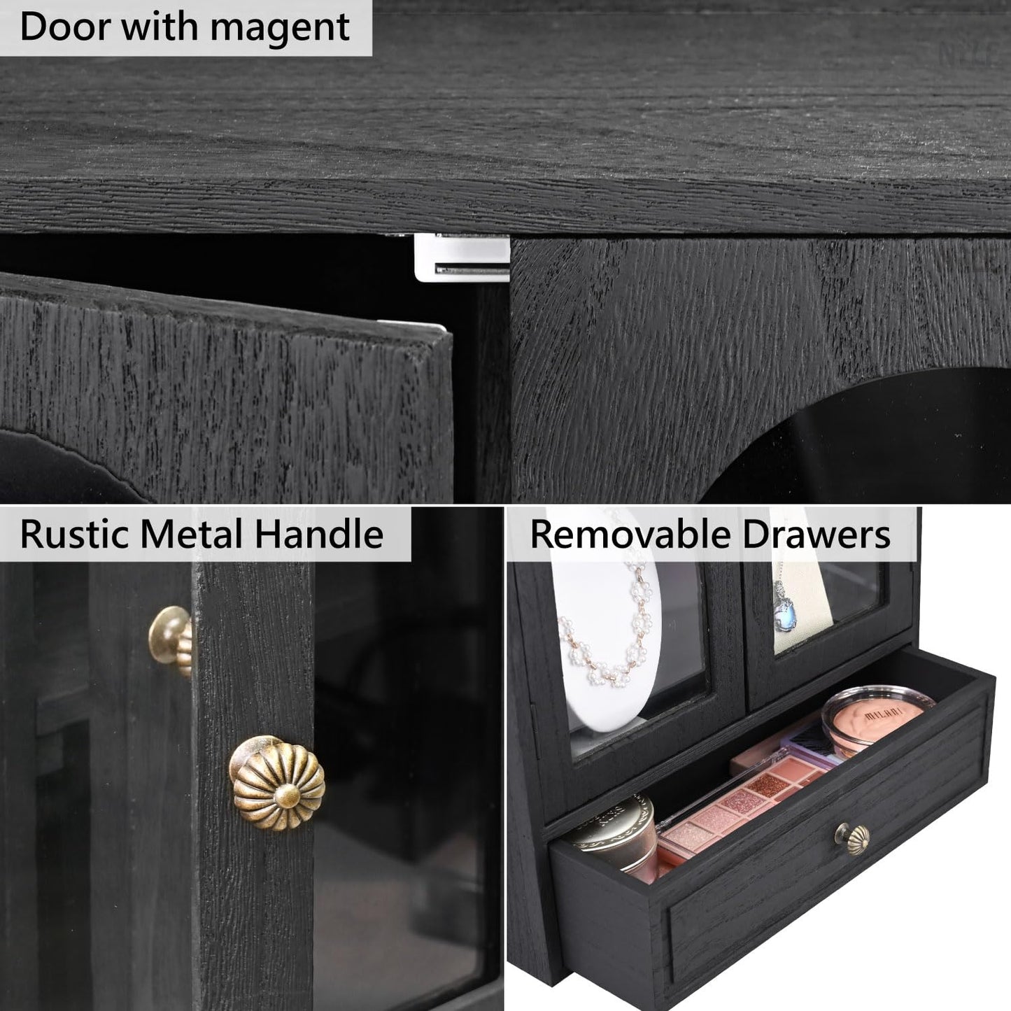 Ikee Design Wooden Countertop Storage Cabinet with Magnetic Door, Adjustable Shelves, Removable Hooks and Drawer for Perfume, Makeup, Pantry, Black Color, 12.2 W x 6 D x 15.7 H in