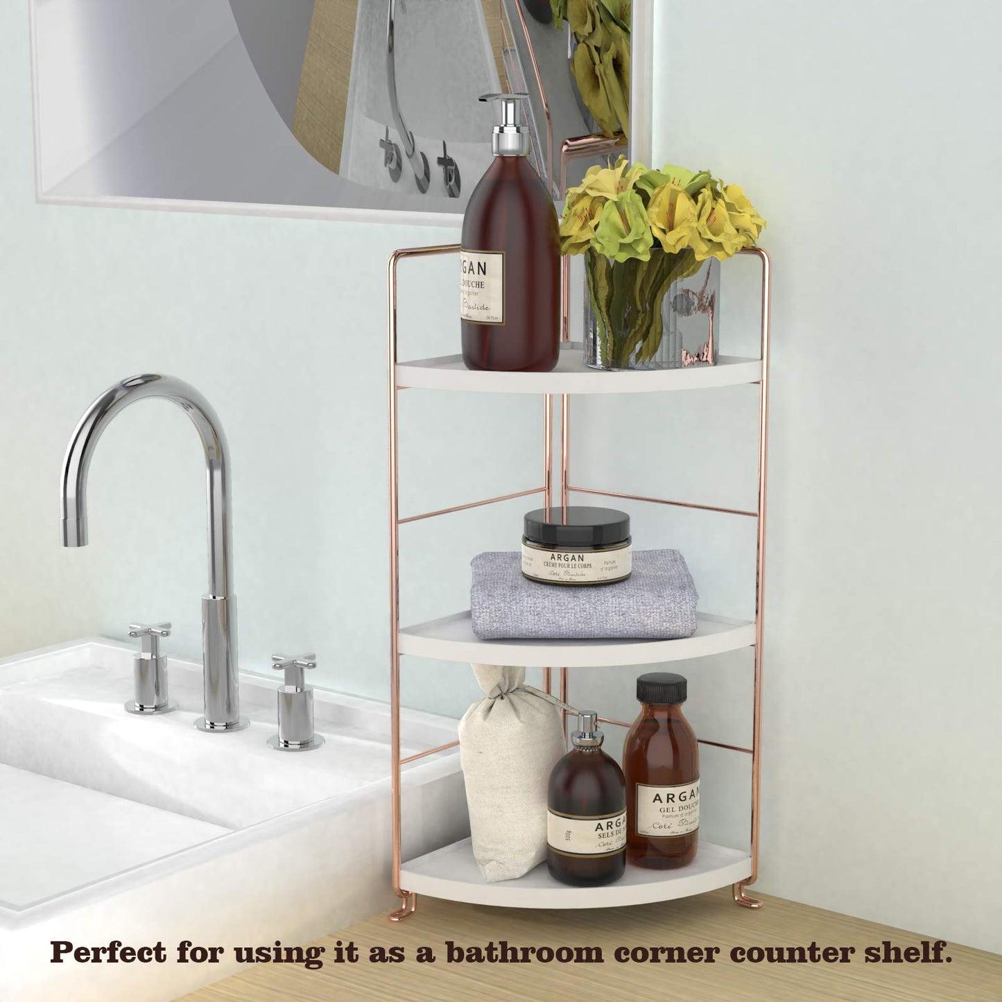 kaileyouxiangongsi 3-Tier Bathroom Countertop Organizer - Vanity Tray Cosmetic & Makeup Storage- Kitchen Spice Rack Standing Shelf - Corner Storage Shelf, Rose Gold