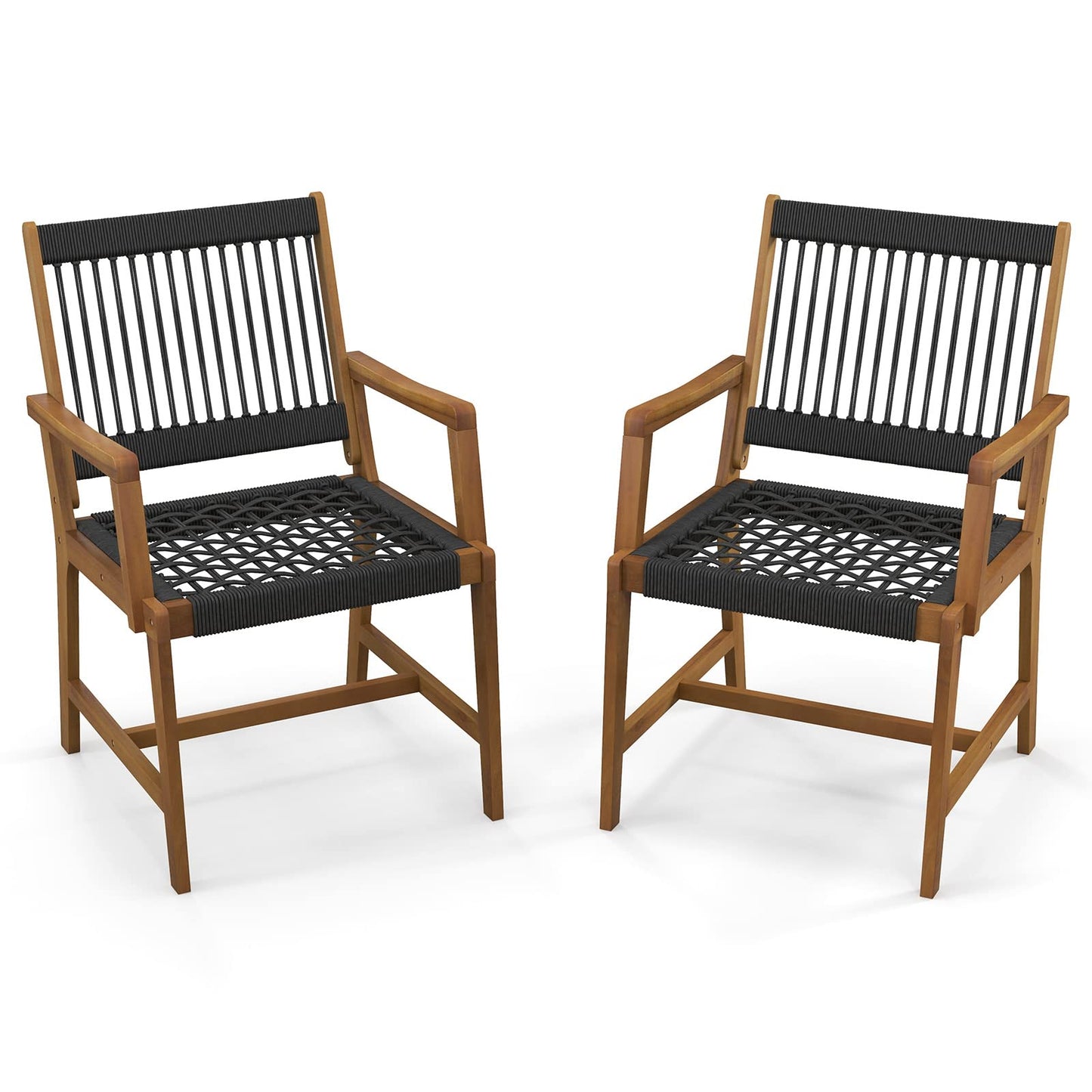 Tangkula Outdoor Acacia Wood Dining Chairs Set of 2, All-Weather Rope Woven Patio Chairs with Armrests, Outdoor Armchairs for Patio, Lawn, Garden, Backyard (1)