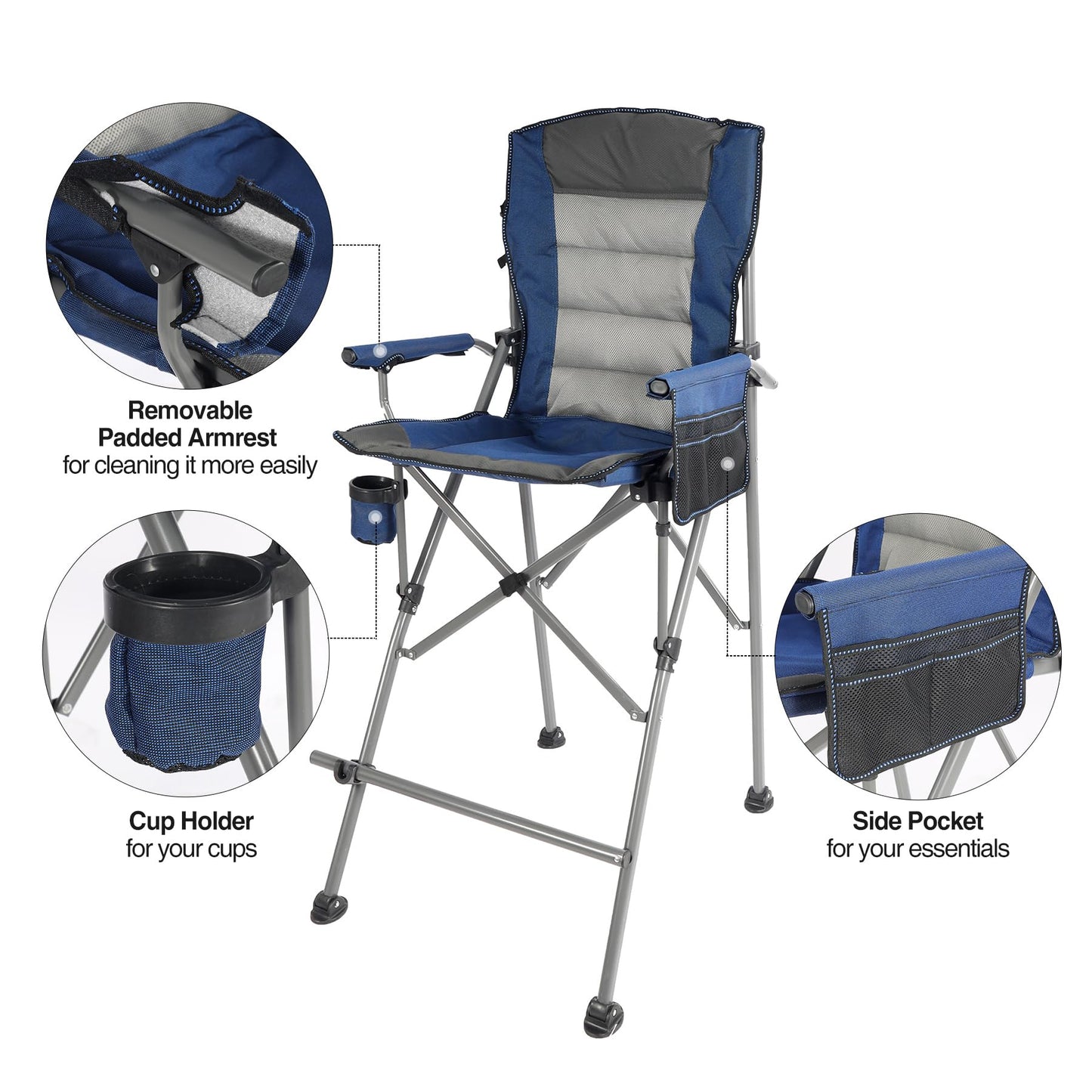 Stonehomy Extra Tall Folding Chairs for Adults 330lbs, Portable Bar Height Foldable Director Chairs for Camping Outside, Comfortable with High Back and Footrest, Blue