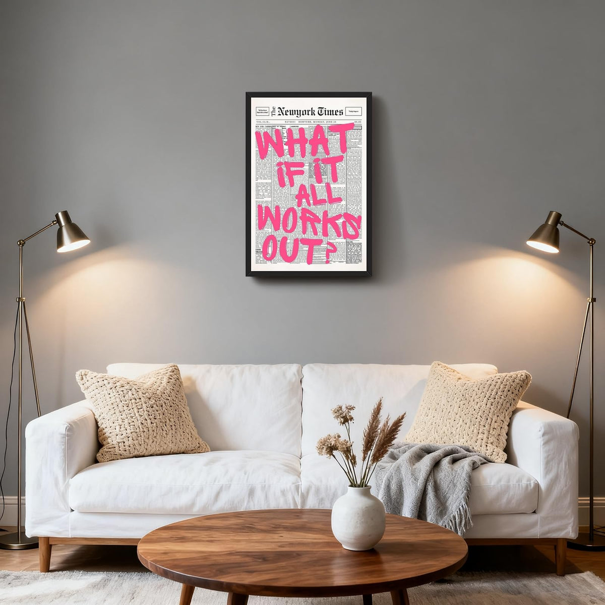 Balsuka Black Framed Trendy Newspaper Canvas Wall Decor Pink What If All Works Out Positive Affirmation Quote Wall Art Motivational Poster Print Painting for Bedroom Living Room Office 8x12inch