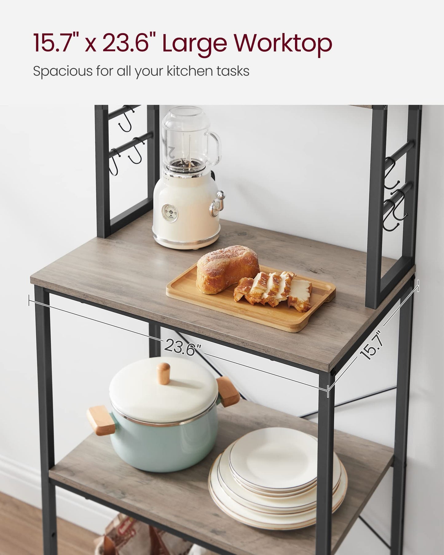 VASAGLE Coffee Bar, 23.6 Inches Baker's Rack for Kitchen with Storage, 6-Tier Kitchen Shelves with 6 Hooks, Microwave Stand, Industrial, Heather Greige and Ink Black UKKS024B02