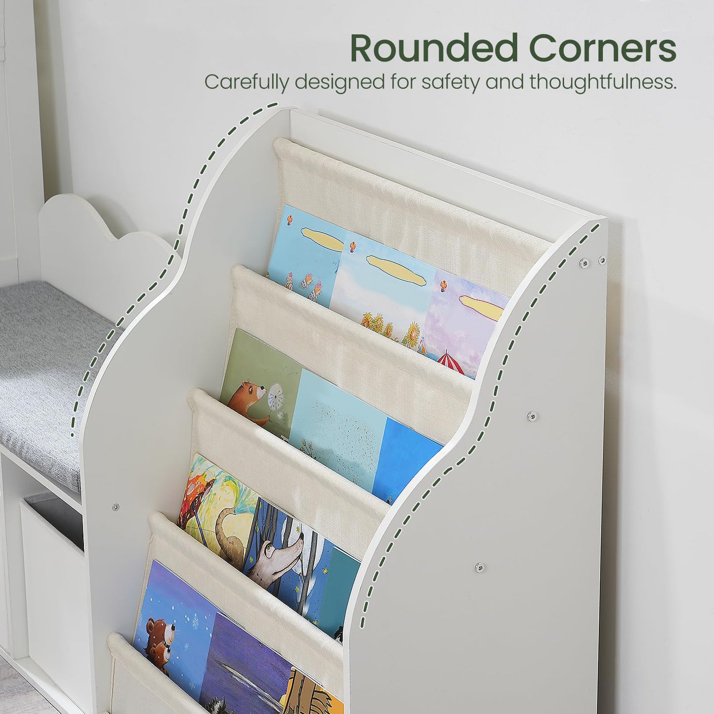 CHOEZON 66.9" Kids Bookshelf with Reading Nook, 3-in-1 Kids Bookcase with Cushion and Sling Shelf, Toy Chest Storage with Fabric Drawers, Reading Nook for Kids, for Playroom, Nursery, White MCW08WB