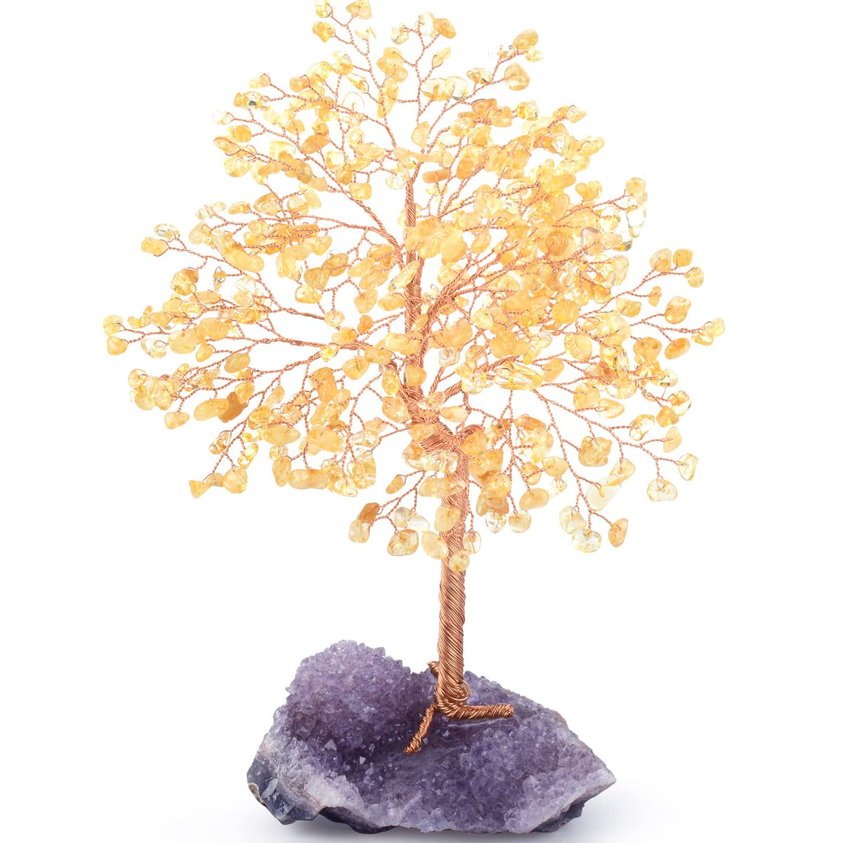MASGEMES Gemstone Crystal Tree of Life,Natural Citrine(406 Stones Count) with Amethyst Cluster Base,Chakra Healing Crystals Positive Energy Fengshui Bonsai Money Tree Gift 8.5"-9"