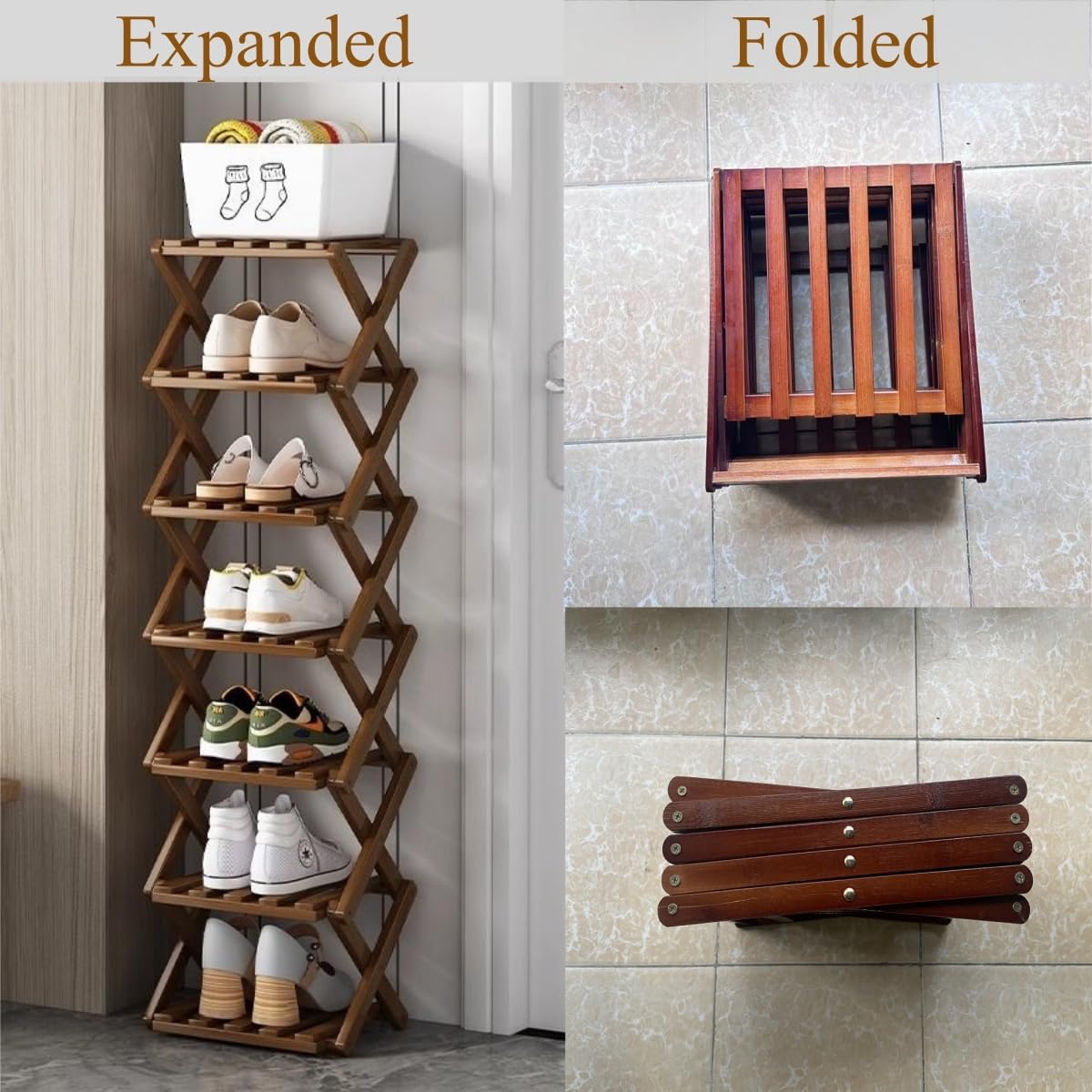 XZXWZX 4 Tier Foldable Shoe Rack, Bamboo Vertical Shoe Organizer Tall for Multifunctional Narrow Shoe Shelf for Entryway, Closet, Corner, Bedroom, Hallway(Brown)