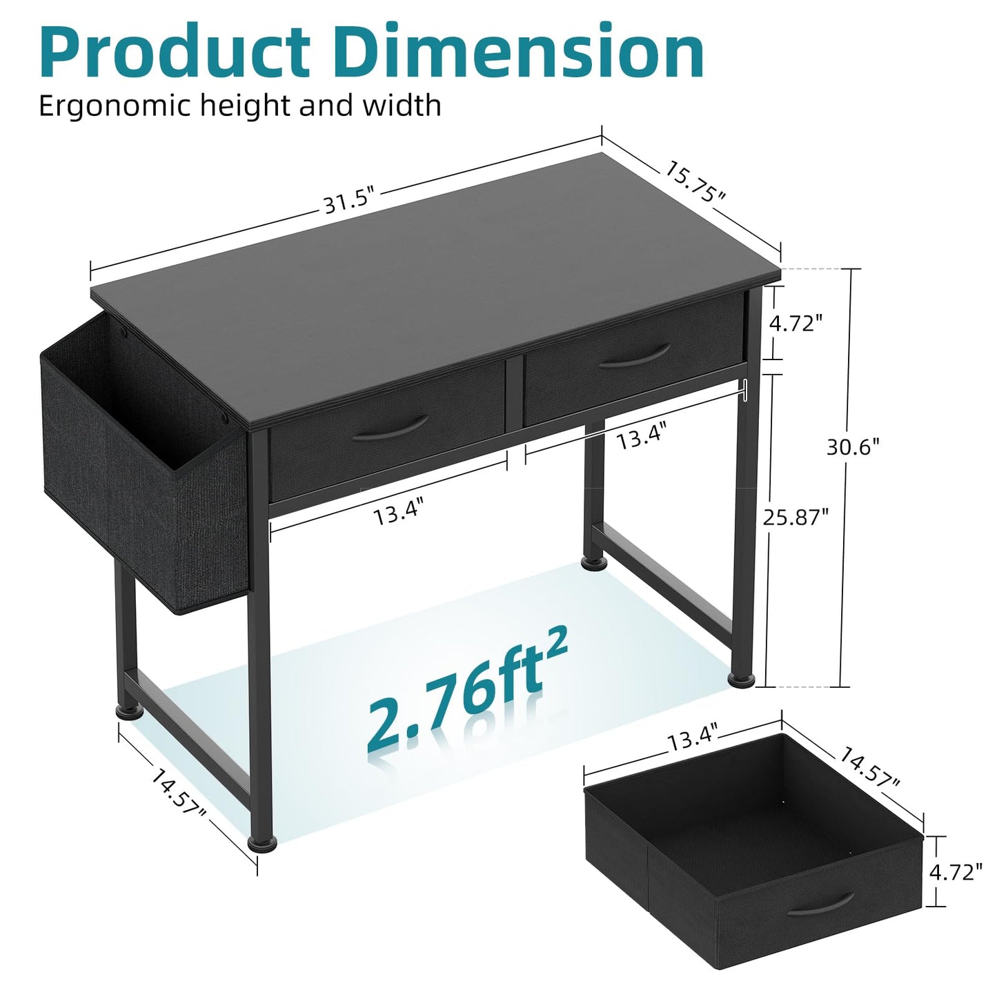 CAIYUN Computer Office Desk for Small Space with Fabric Drawers, Home Office Desk for Bedroom with Side Pocket and Hook, 31 Inch Kid’s Desk, Writing Desk, Study Table and Work Desk, Black