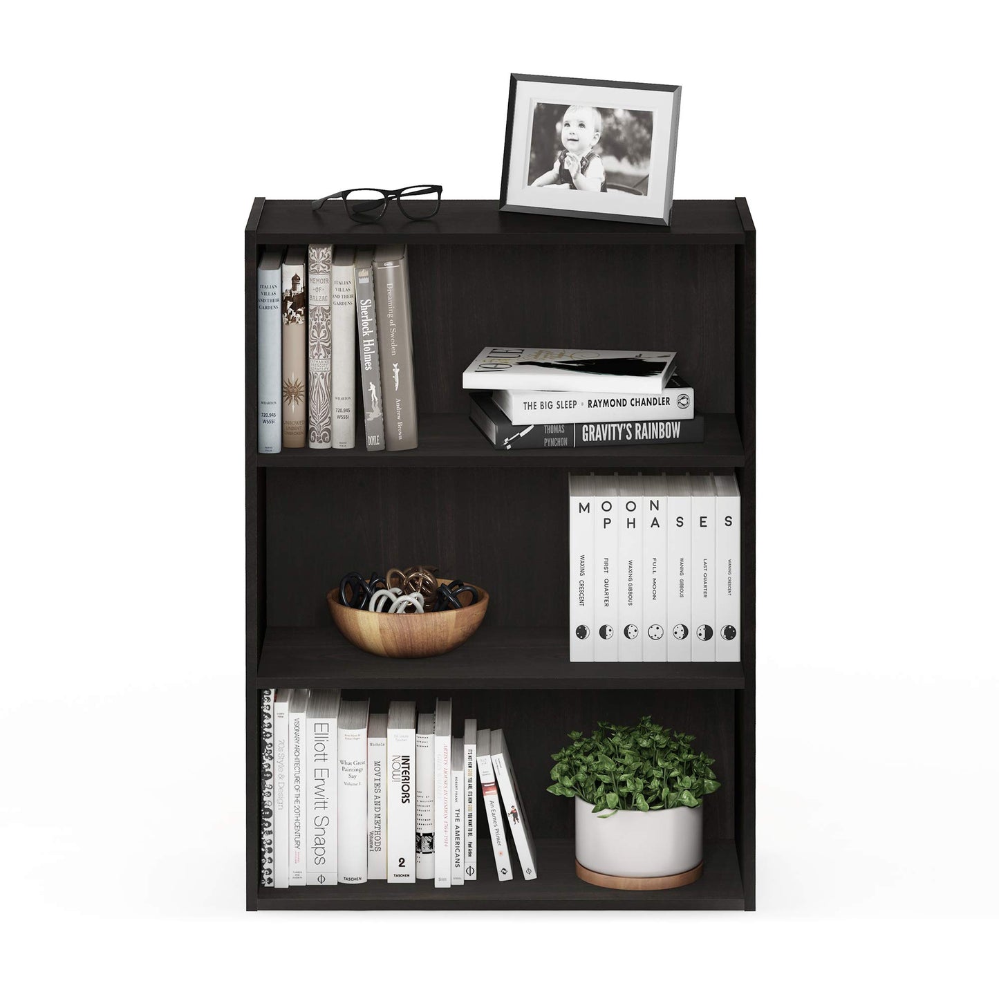 Furinno PASIR Book Shelf, 3-Tier Bookshelf, Storage Shelves Bookcase, 9.7 x 23.7 x 31.5, for Living Room, Bedroom, Home Office, Cinnamon Cherry