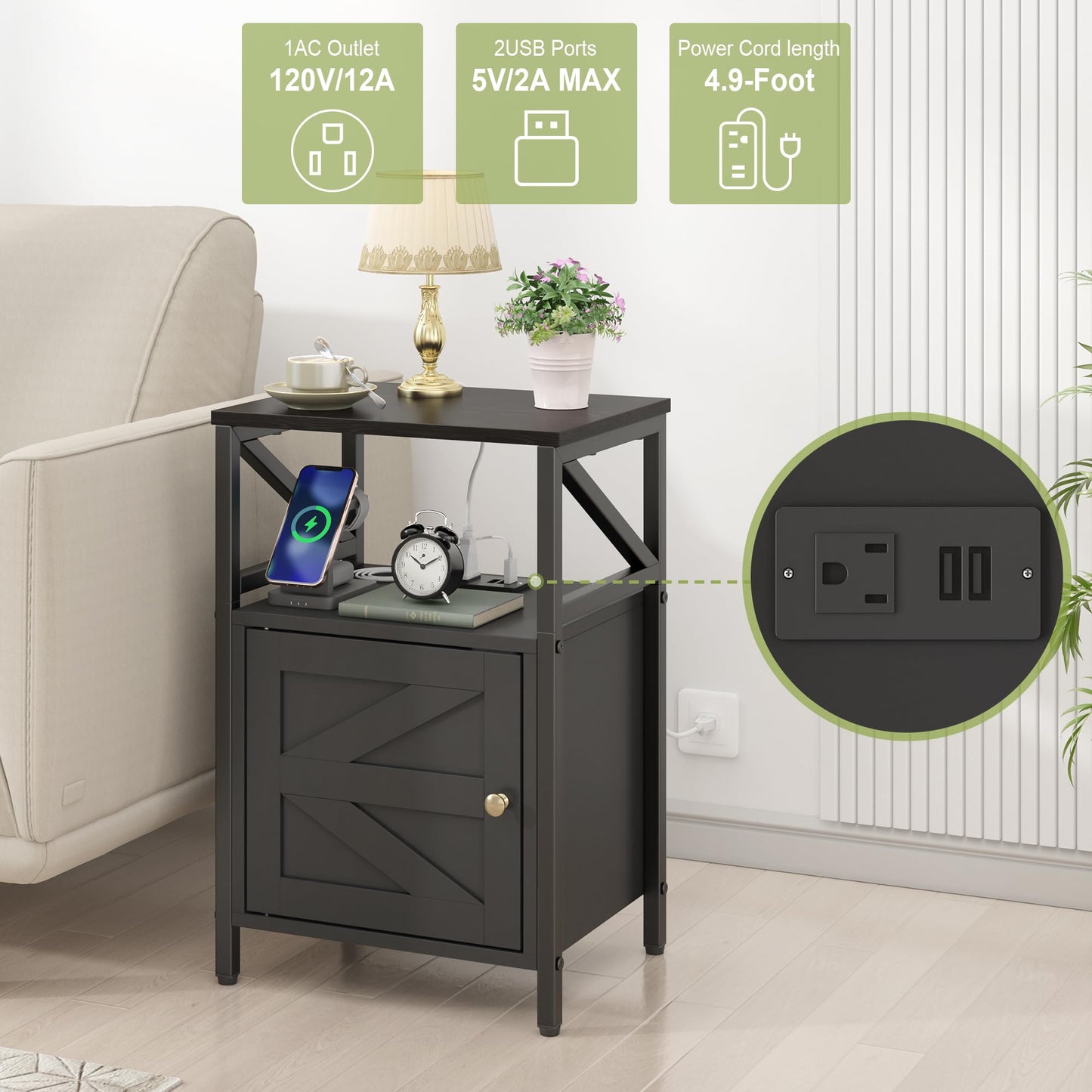 FUNHUKSON Farmhouse 3-Tier Side Table with USB Charging & Outlets Black