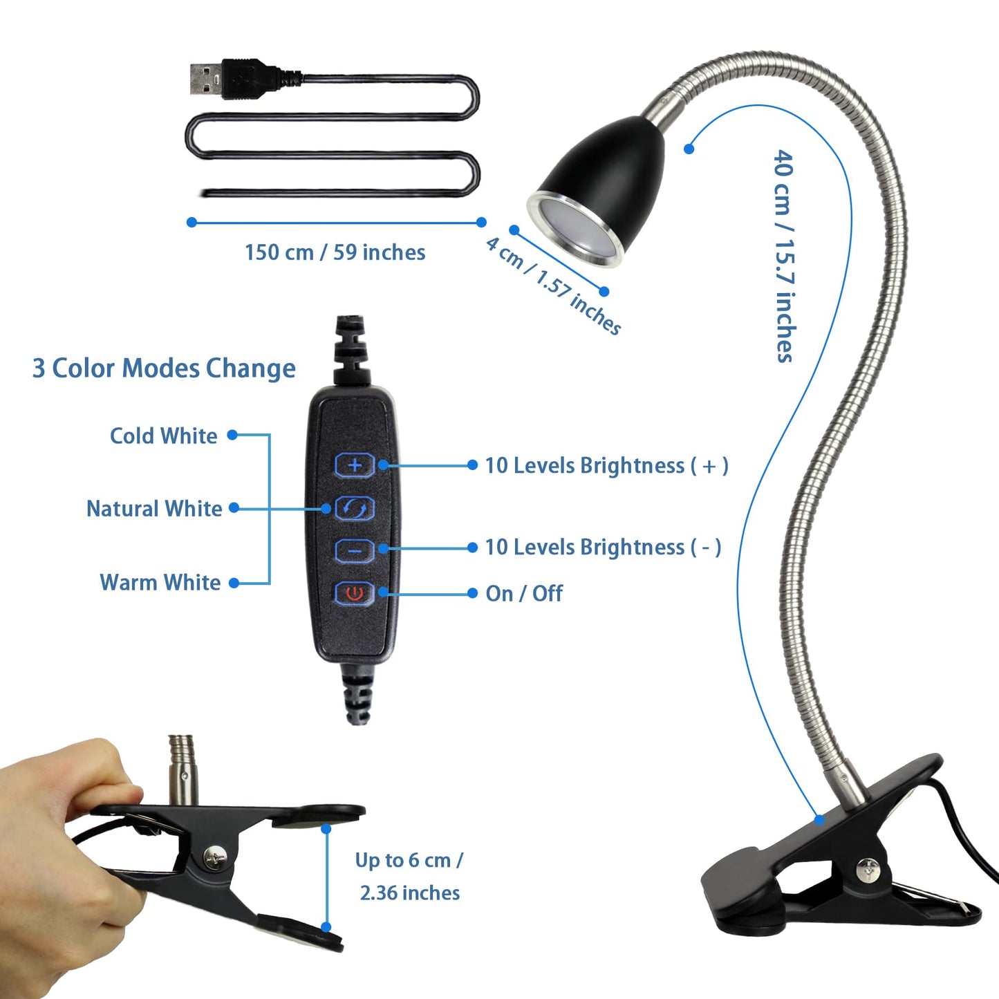 Desk lamp Eye-Caring Table Lamps, 360°Rotation Gooseneck Clip on Lamp Reading Light, Portable Reading Book Light, Clamp Light, Study Desk Lamps for Bedroom and Office Home Lighting (Black with Dimmer)
