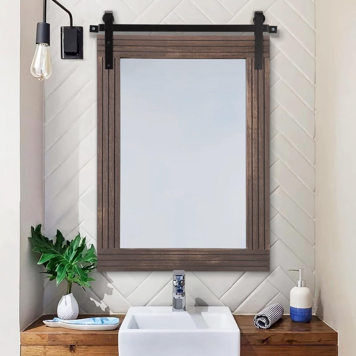 AAZZKANG Rustic Wood Mirror Rectangle Decorative Wall Mirror 26"x18" with Framed Bedroom Living Room Bathroom Hanging Mirror
