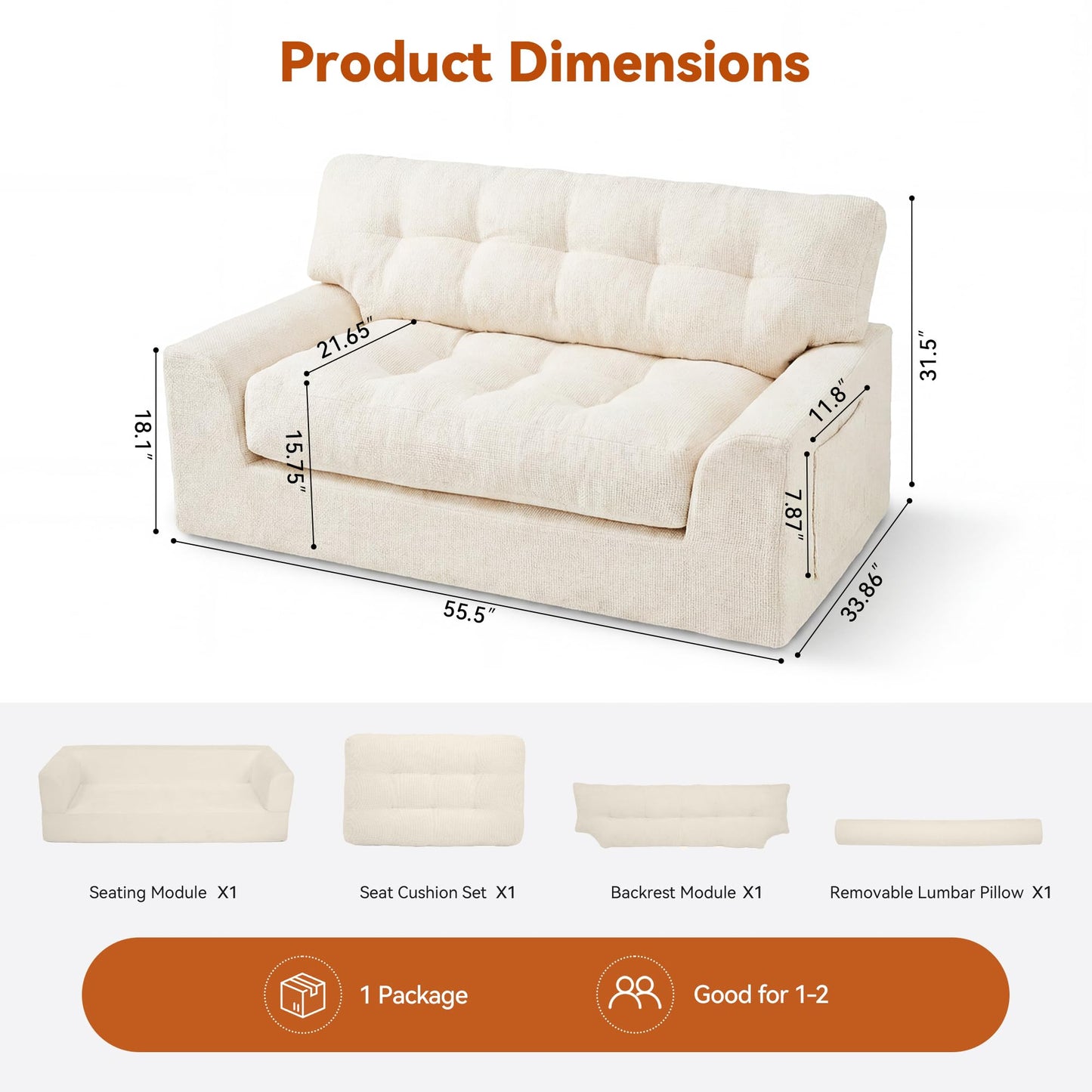 MONVANE 55.5" Convertible Loveseat Sofa Bed, 2-in-1 Boneless Sleeper Sofa Couch with Storage Pocket, Comfy Chenille Deep Seat Couch for Living Room, No Assembly Required, Beige