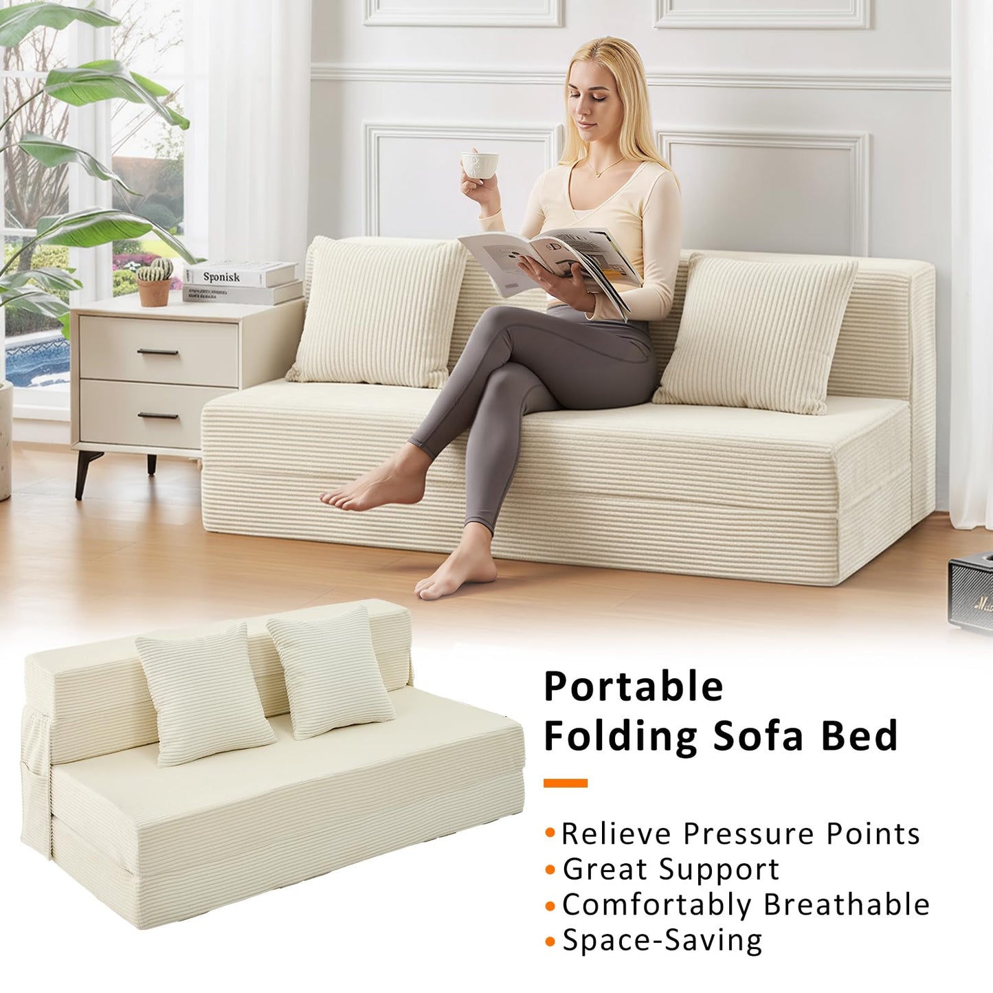 JKMAX Queen Size Folding Sofa Bed - 4 in 1 Convertible Sleeper Chair with Two Pillows - High Density Memory Foam Futon Couch - Foldable Bed for Living Room Bedroom (Beige)