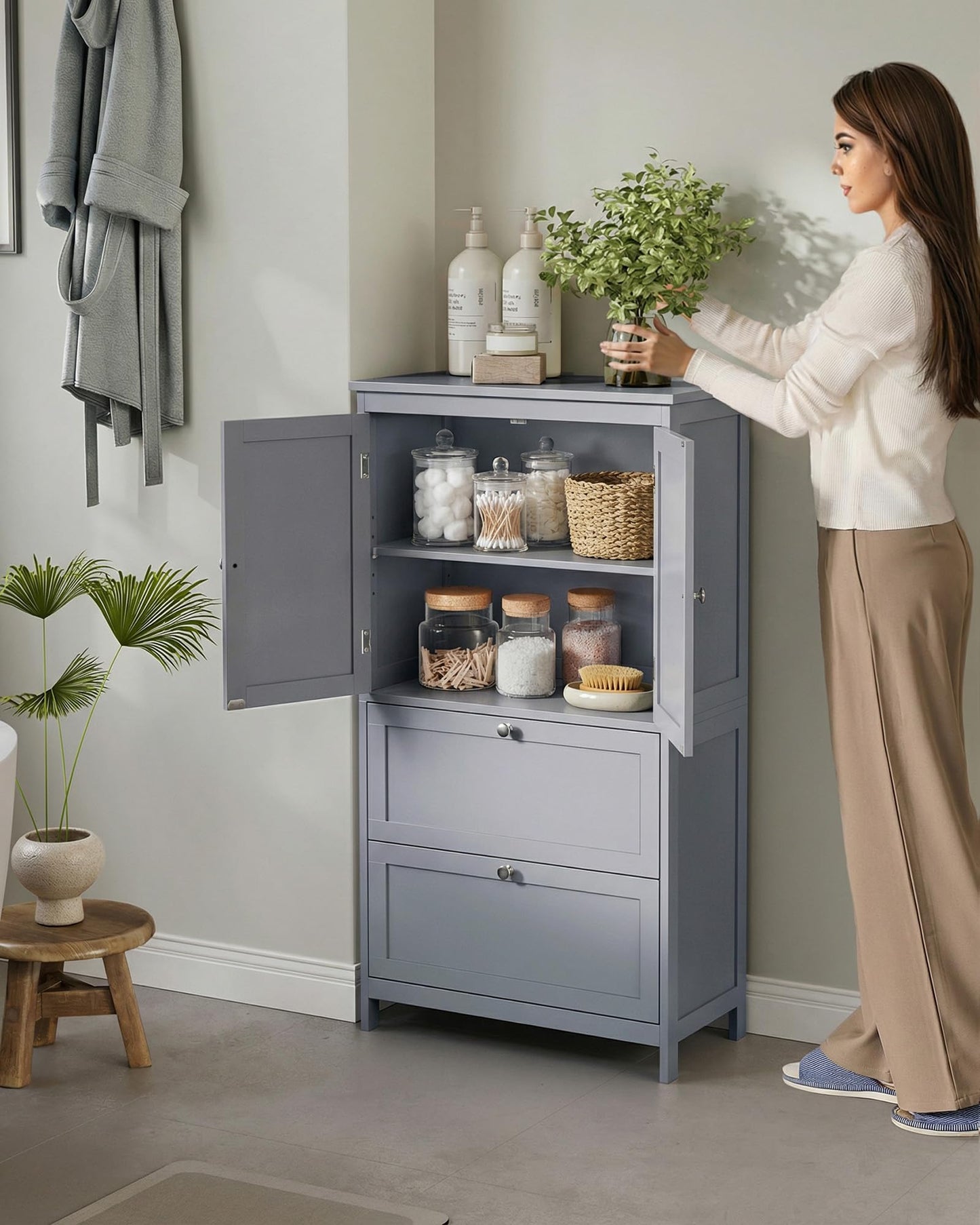 VASAGLE Floor Storage Cabinet, Freestanding Storage Unit with 2 Drawers and 2 Doors, Adjustable Shelf, 11.8 x 23.6 x 43.3 Inches, for Entryway, Bathroom, Dove Gray UBBC551G02V2