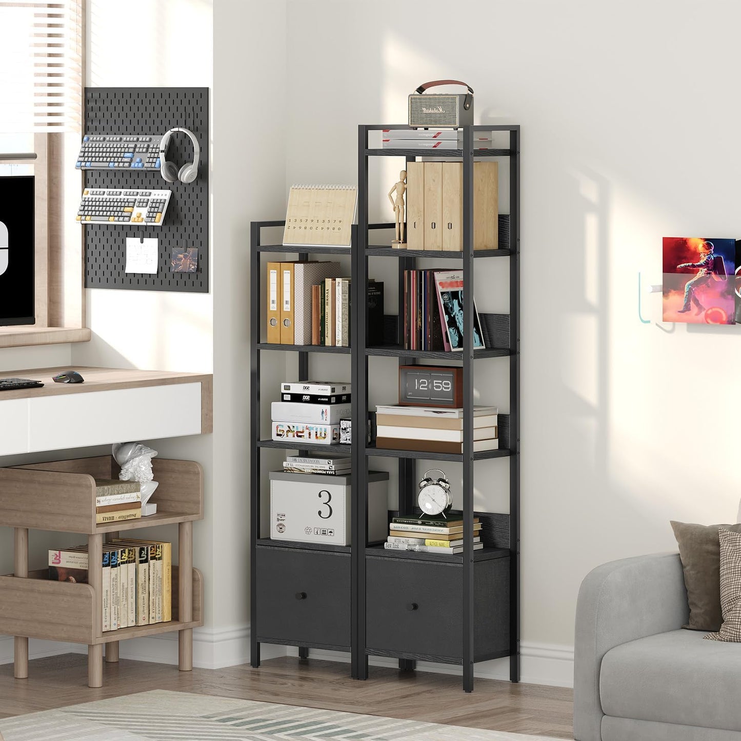 MAHANCRIS Bookshelf, 5-Tier Bookcase with Drawer, Small Book Shelf for Small Space, Storage Shelf Organizer, for Living Room, Bedroom, Study, Kitchen, Black BKHB55101