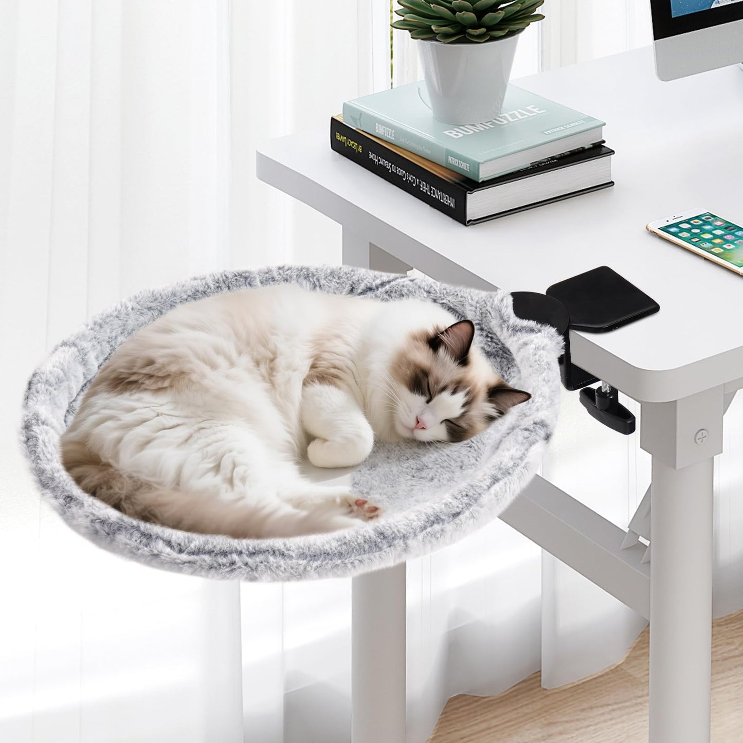 Uross Cat Desk Bed - 180° Rotating Soft & Comfortable Rabbit Fur Bed, Modern Indoor Cat Nest Furniture for Office Desks and Game Tables, Island Table-Supports 50 lbs-(Lightgrey)