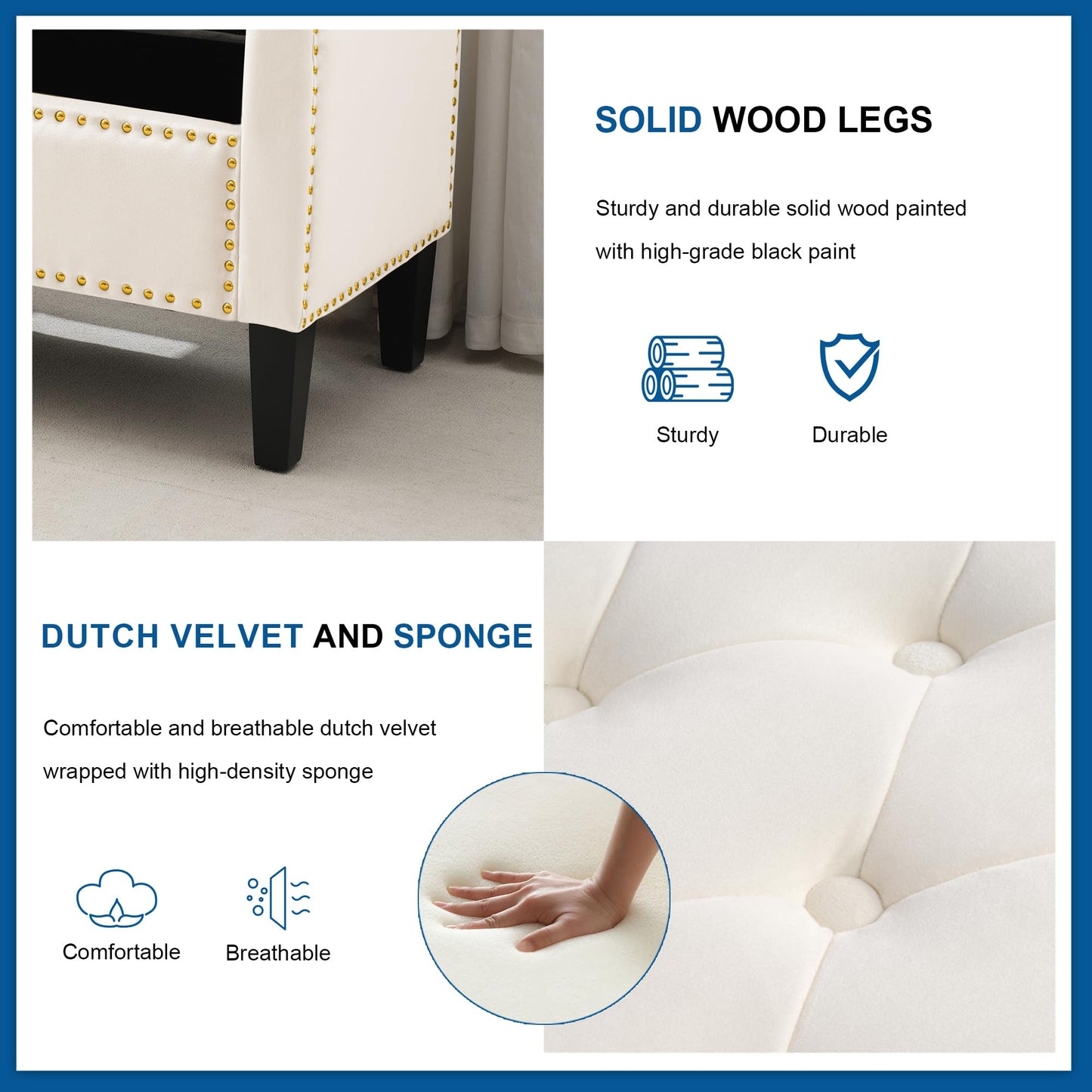 UDAX Storage Ottoman Bench, Velvet Upholstered Footstool for Bedroom and Living Room, Tufted Seat with Storage, Wooden Legs & Metal Rivets, Beige