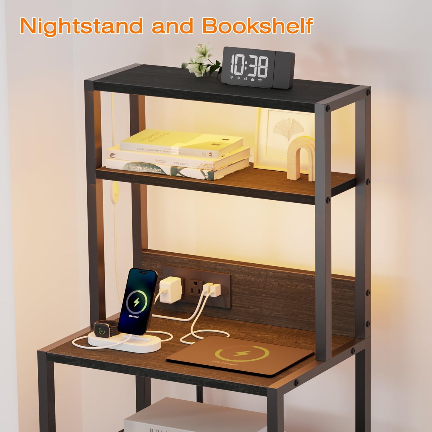 Furnulem Night Stand, Tall Nightstand with 4-Tier Shelves, 2 Fabric Drawers and Led Lights, Bed Side Tables with Charging Station, Bedside Table for Bedroom, Office, Black Oak