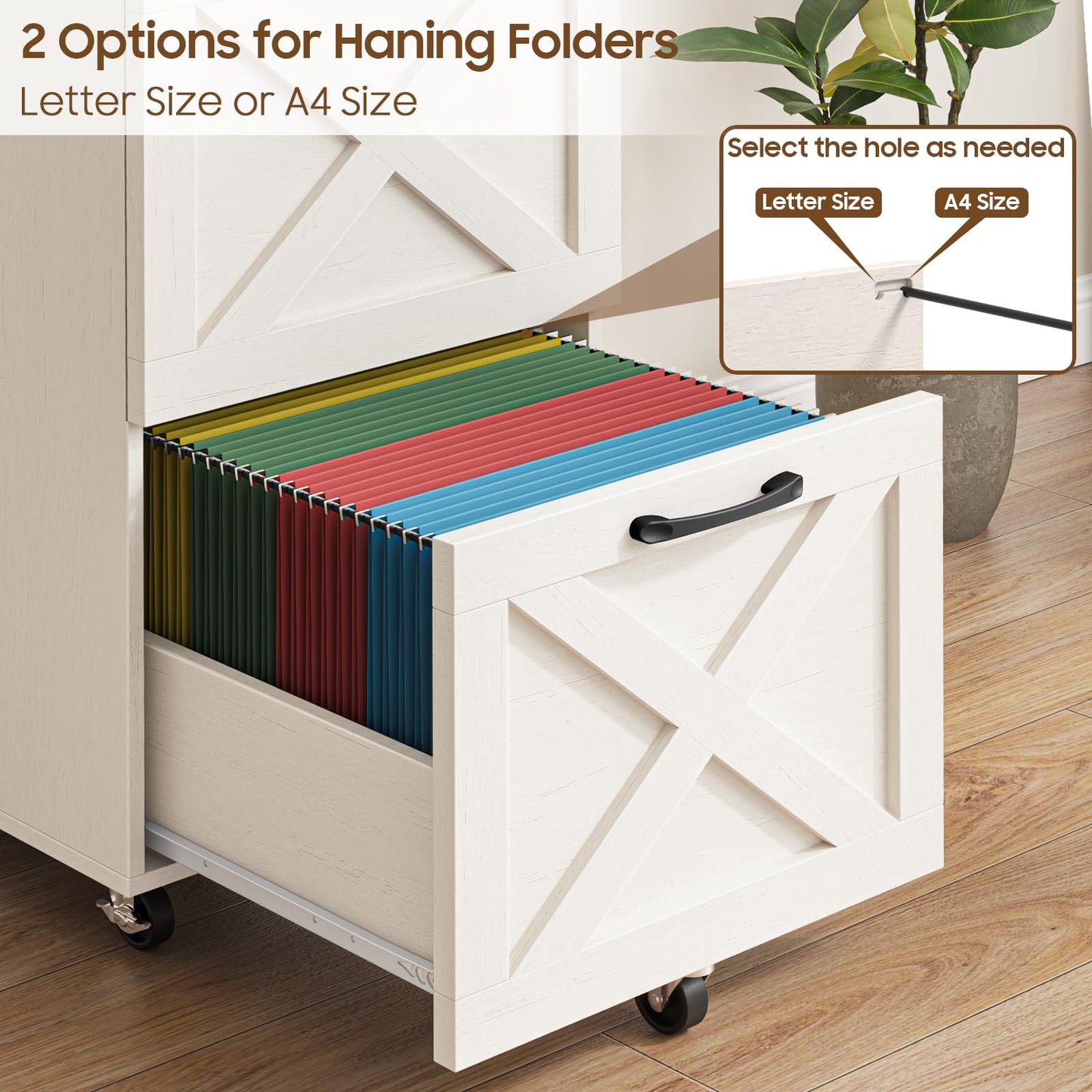 Halitaa 3 Drawer Tall File Cabinet with Wheels, Farmhouse Vertical Filing Cabinet Fits Letter/A4 Size, Rolling File Cabinets Wooden Printer Stand for Home Office, Rustic White and Brown