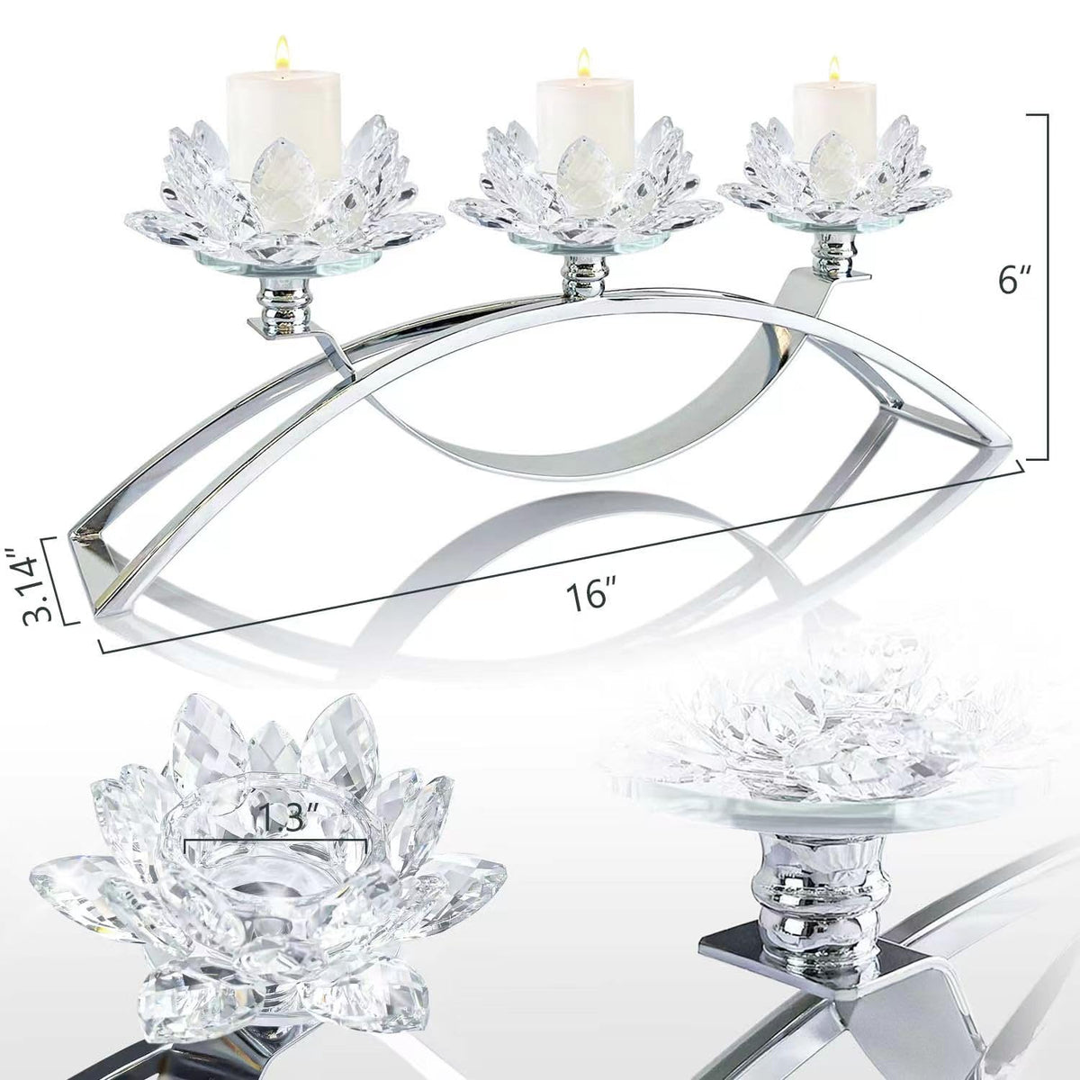 3 Arms Crystal Flower Candle Holder Bringing Tabletop tealight Holder for Party/Dining Room centerpieces (1, Silver)
