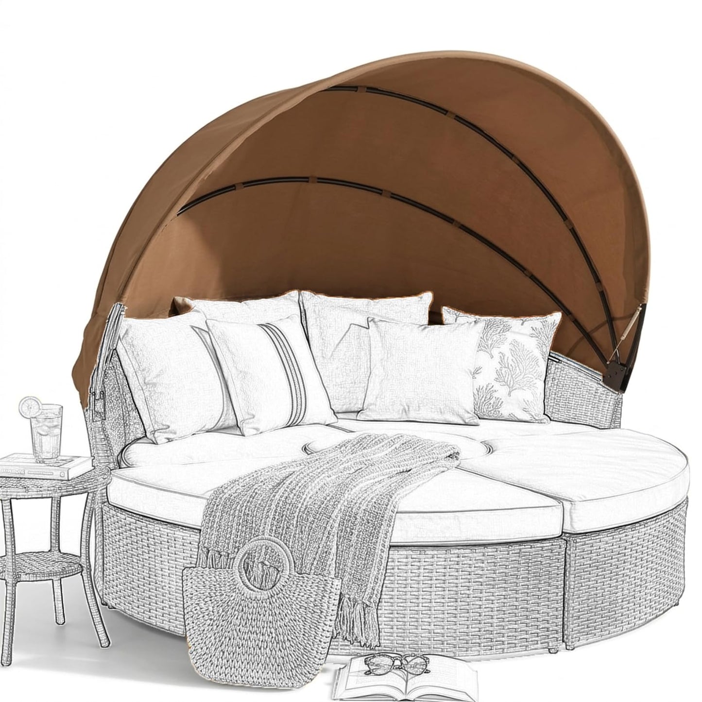 SWFEMWS Round Canopy Cover for 66''~75'' Outdoor Daybeds, Water-Resistant & UV-Resistant, Easy Installation with Hook and Loop Straps, Fits Wicker Sunbeds, No Tools Needed