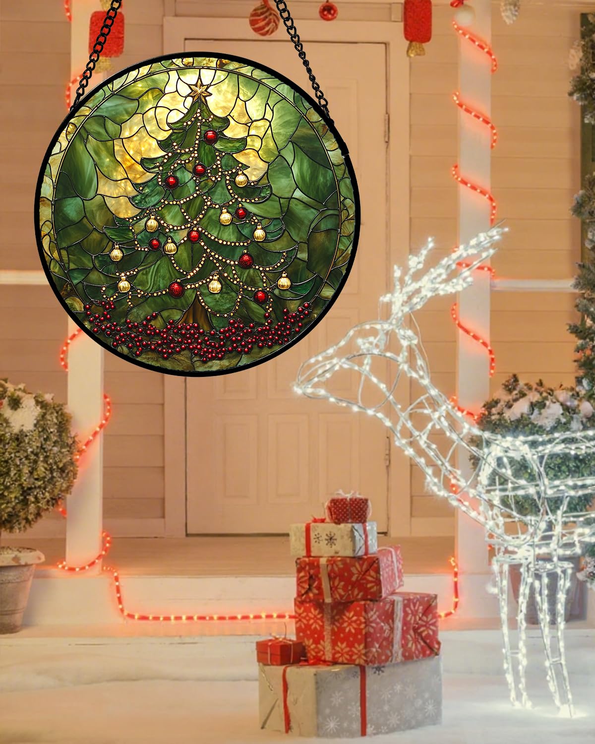 Stained Glass Window Hanging - Retro Green Christmas Tree Suncatcher for Doors Home Christmas Decoration Sun Catcher Thanksgiving New Year Birthday Gifts for Women Men Mom Nana 6.3 in