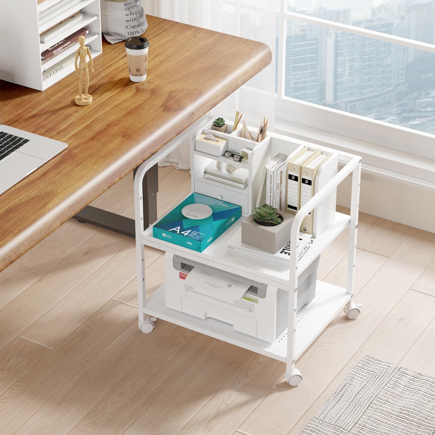 Heakrit 21"x15.8" Large Printer Stand with Storage, 2-Tier Under Desk Printer Table, Rolling Printer Cart with Lockable Wheels for Home, Office (White)