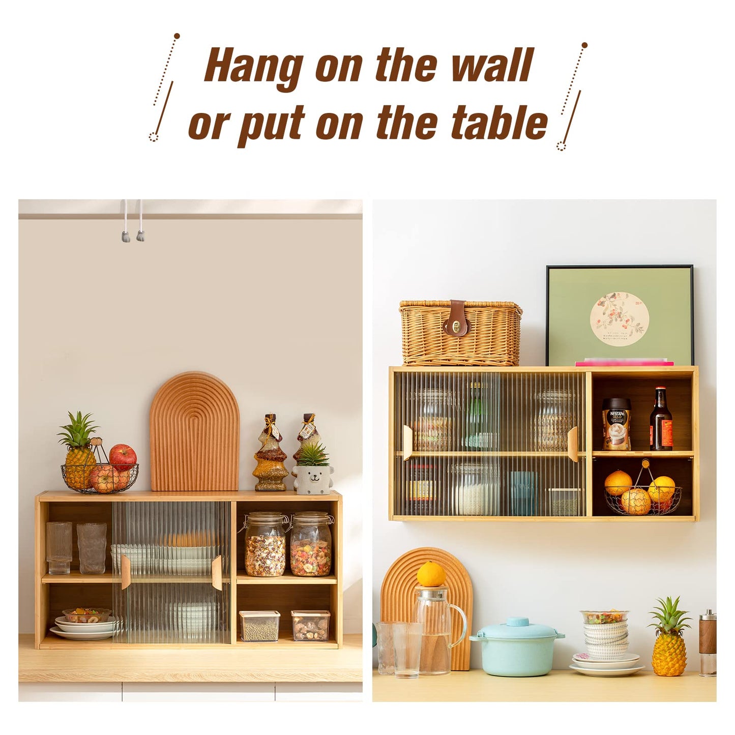 HollyHOME Bamboo Wall Mounted Kitchen Pantry Sideboard with 2 Doors and Adjustable Shelves, Freestanding Wall Storage Cabinet with Shelf for Bottle, Dish, Bowl, Console Dining Cupboard, Burlywood