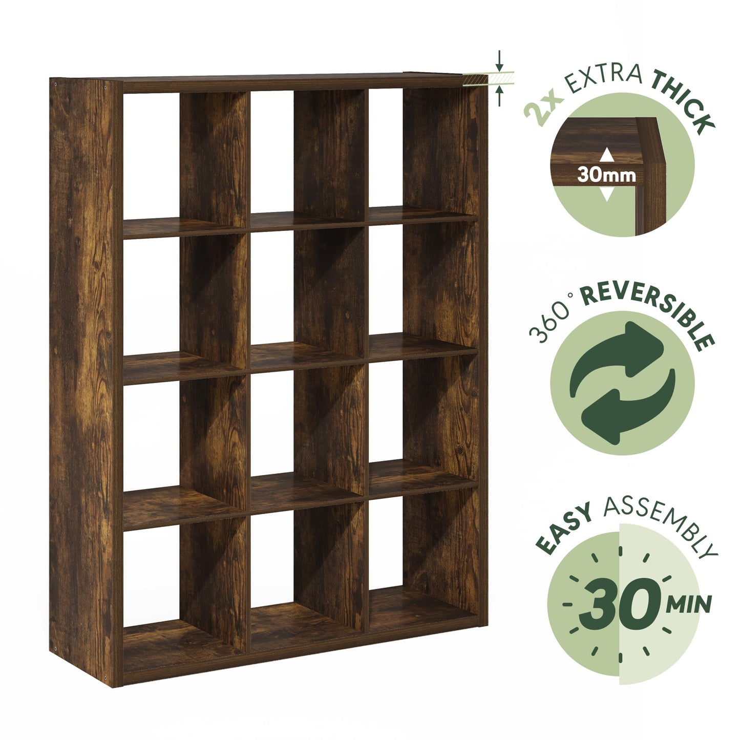 Furinno Cubicle Book Shelf, 12-Cube Bookshelf, Extra Thick Frame Reversible Bookcase with Open Back, 14.6" x 44" x 58", for Living Room, Bedroom, Home Office, Amber Pine