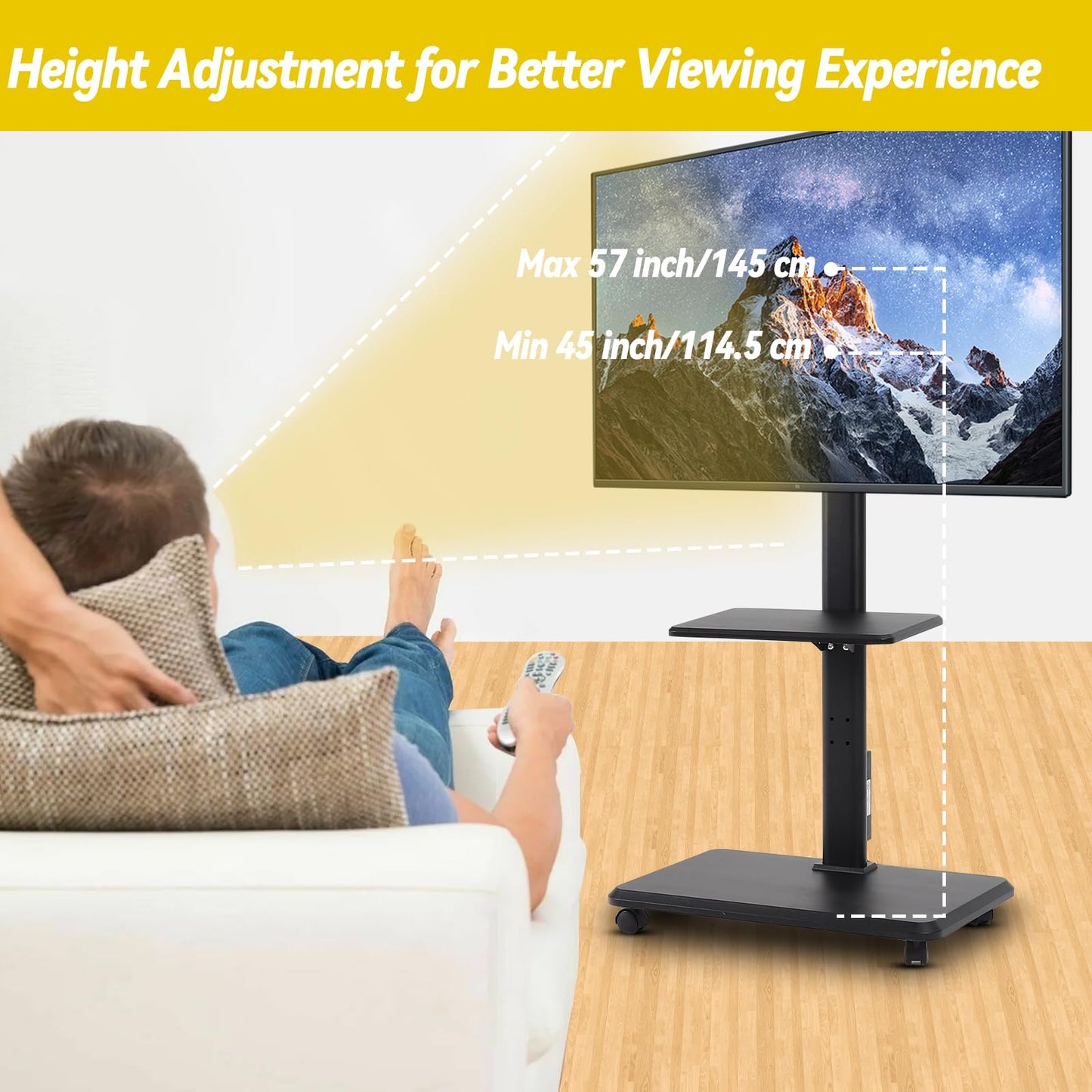 FAHKNS Mobile TV Stand with Power Outlet, Tilt and Swivel Mobile TV Cart for 32-70 inch TVs up to 88 lbs, Height Adjustable Portable Rolling Monitor Stand on Wheels, Max VESA 600x400mm, Black
