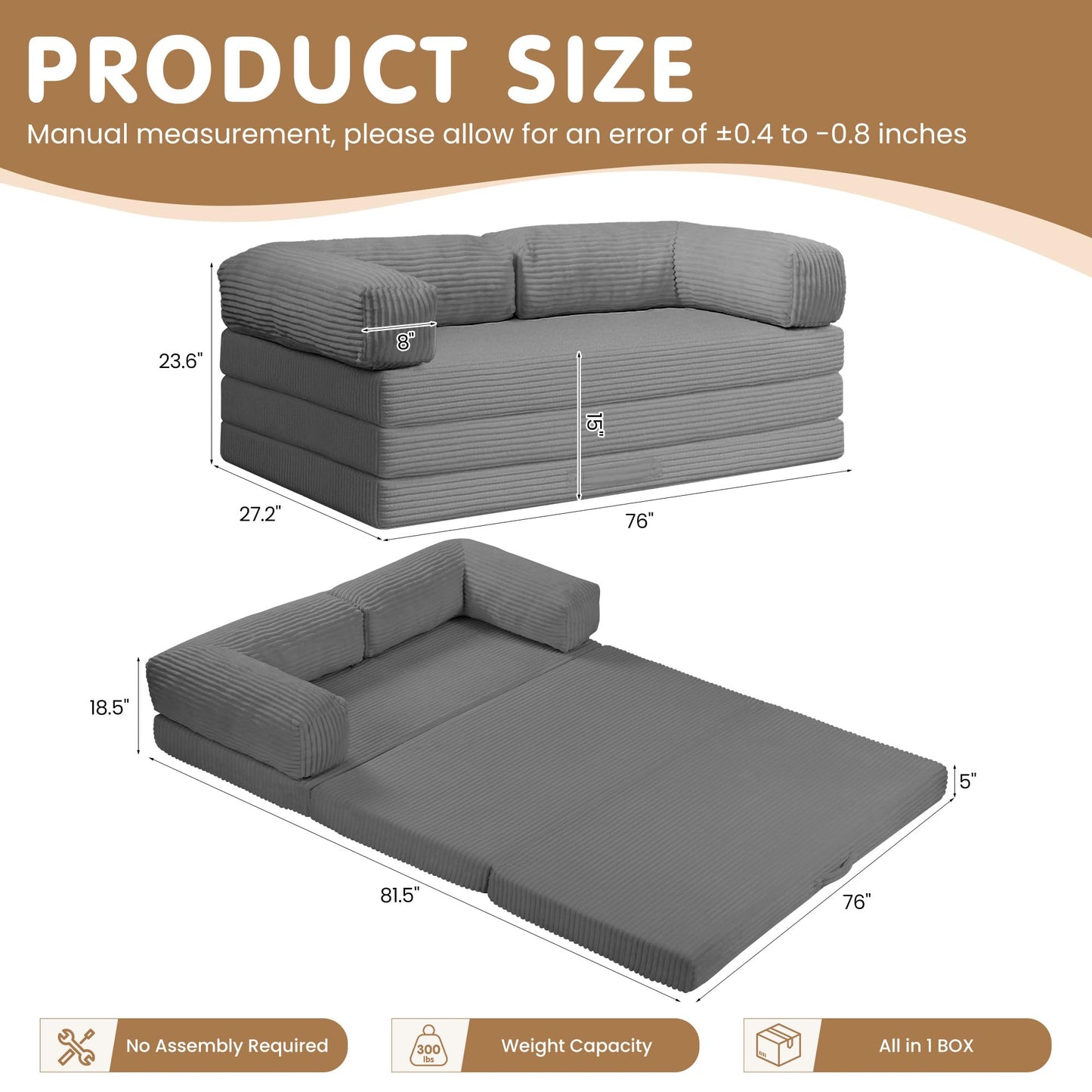 NLDD Convertible Sofa Bed King,5-in-1 Folding Boneless Couch Corduroy Futon Sofa Bed,Tri-Fold Mattress with Removable Armrests & Handle,Sleeper with Pull Out Bed for Small Space Living Room Bedroom