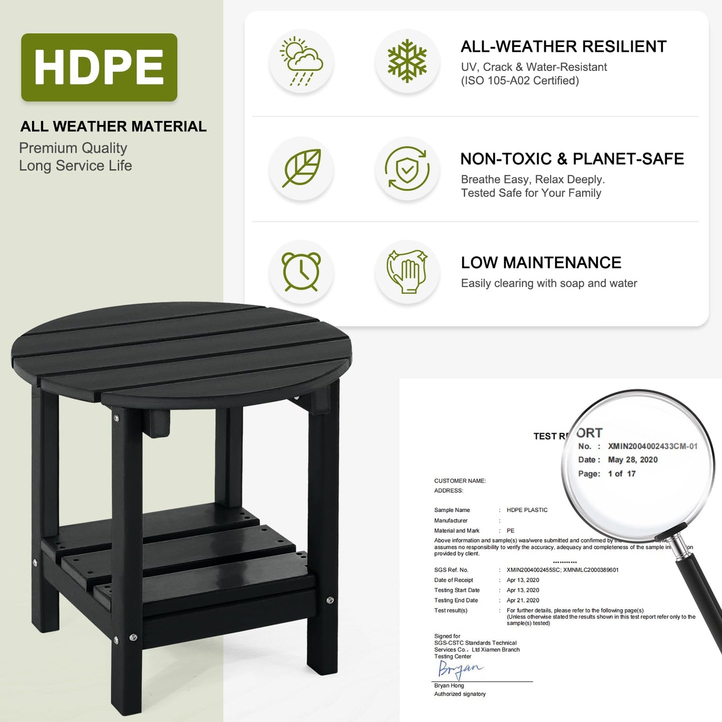 ABCPATIO Adirondack Outdoor Side Tables, 2-Tier Round Outdoor Table, Weather Resistant HDPE Patio End Table for Garden, Lawn, Pool, Beach, Porch, Deck, Backyard - Black