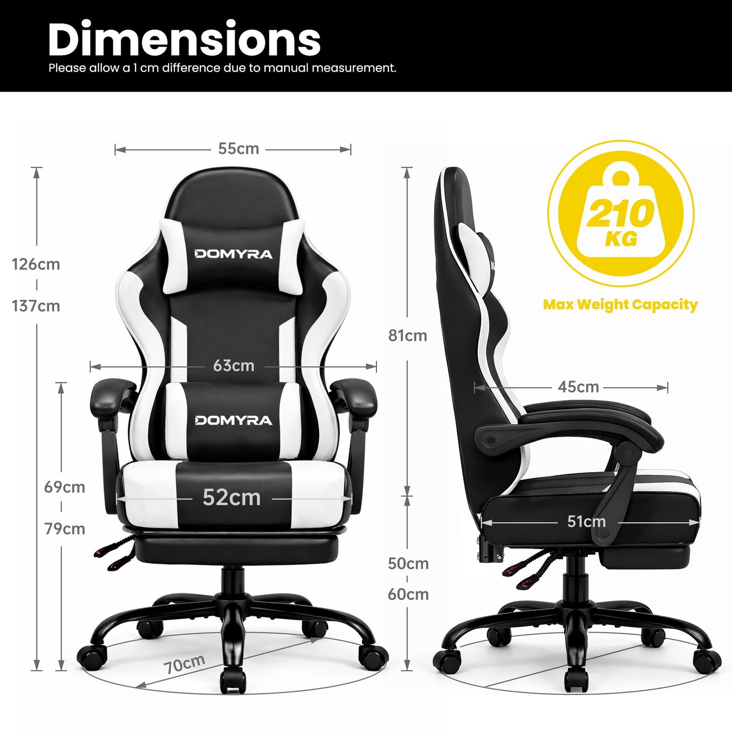 Gaming Chair Gamer Game Ergonomic with Footstool Lumbar Support Deep Black