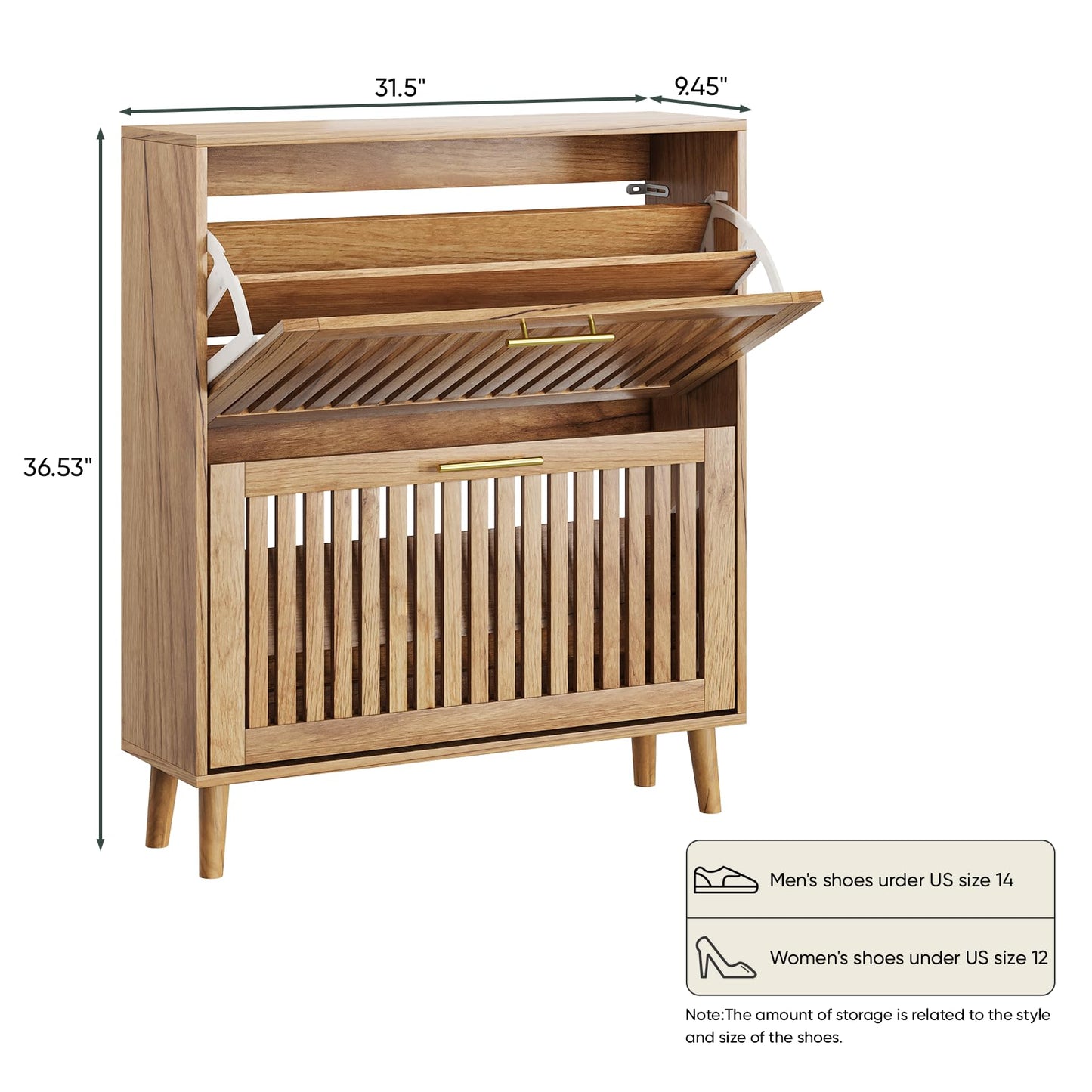 Smart FENDEE Shoe Storage Cabinet with 2 Flip Slatted Drawers, Narrow Freestanding Shoe Cabinet with Gold Handle, Hidden Entryway Shoe Organizer for Hallway, Foyer, Natural