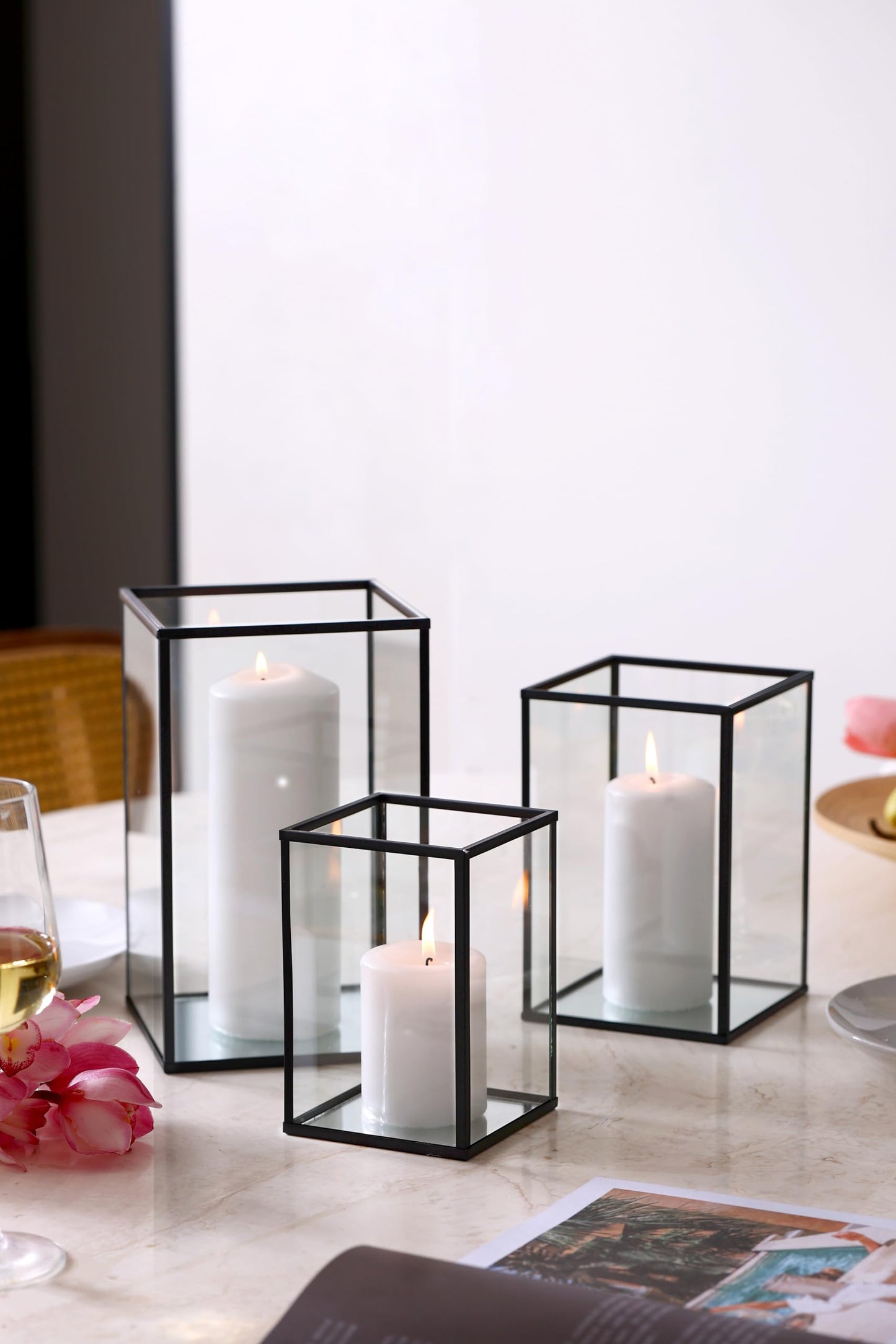 PHOSPHOR Hurricane Glass Candle Holder Set of 6 Pieces Black Hurricane Candleholders for Wedding Party Holiday Birthday Home Decor Lanter