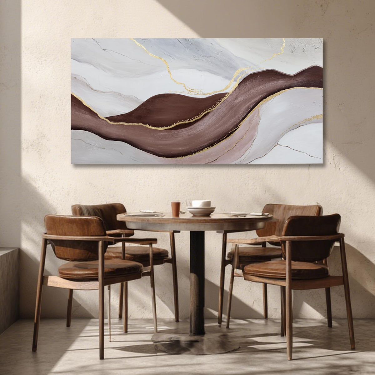 Hue7Art Modern Abstract Canvas Wall Art Neutral Flowing Lines Painting in White Gray and Brown, Minimalist Contemporary Artwork for Living Room Bedroom Office Wall Decor 24x48 Inch